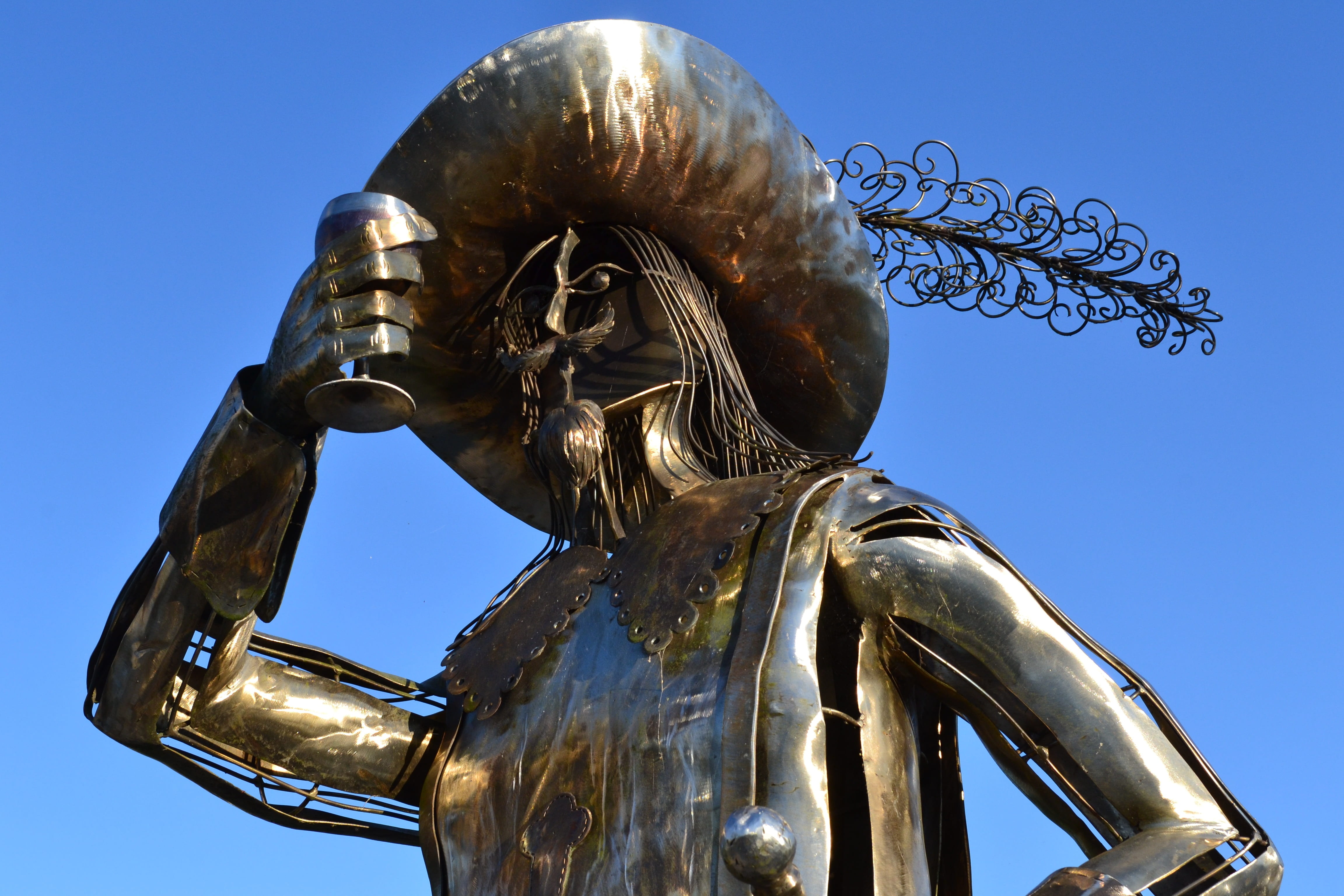 blue, musketeer, sculpture, pen, beard, metal statue, bronze - alloy, baron, baron of bracieux, metal, 4K, representation, angel, glass, sky, wine-bibber, HD Wallpaper