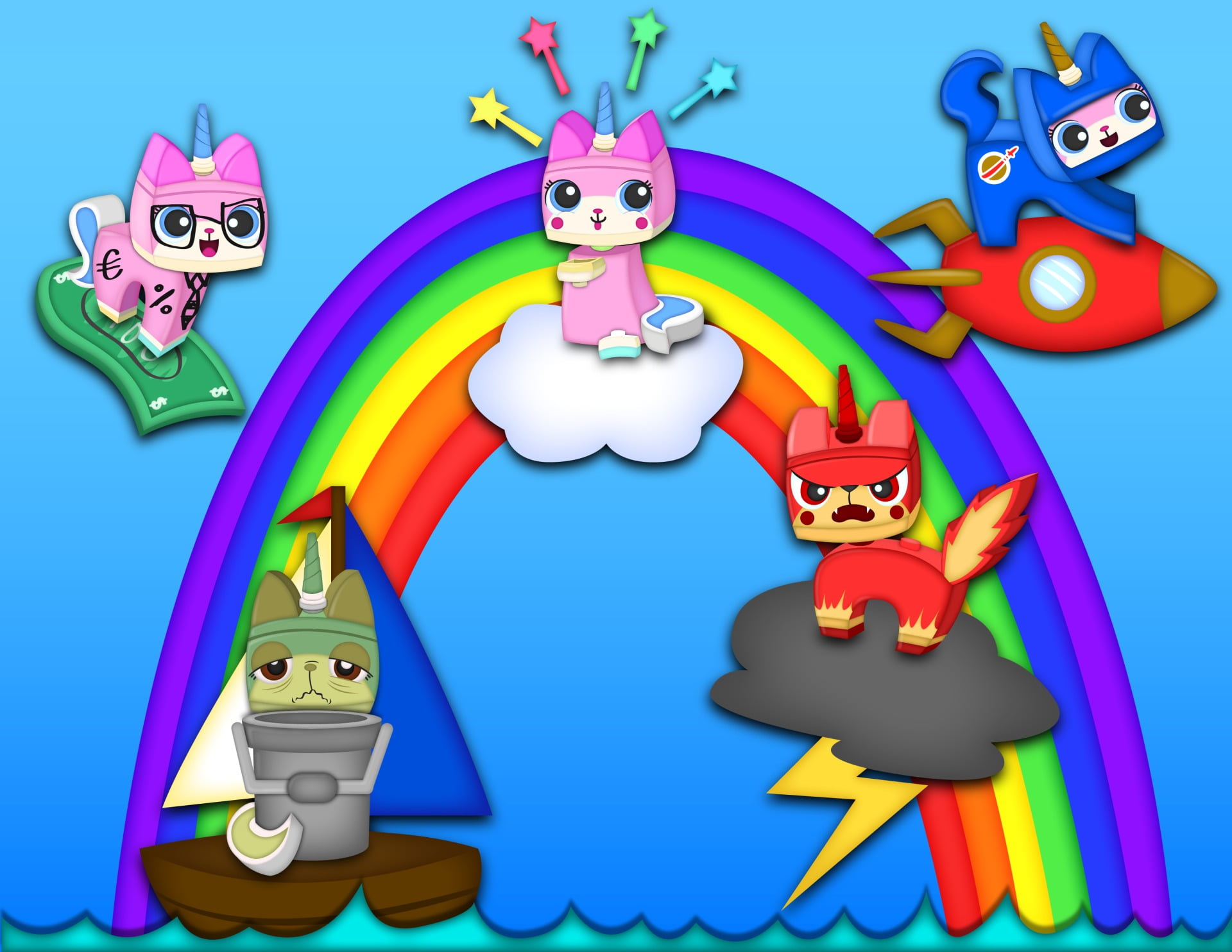 Queasy, Lego, representation, art and craft, Biznis, people, red, smiling, Unikitty (Lego Movie), celebration, 1080P, multi colored, blue, Movie, toy, HD Wallpaper