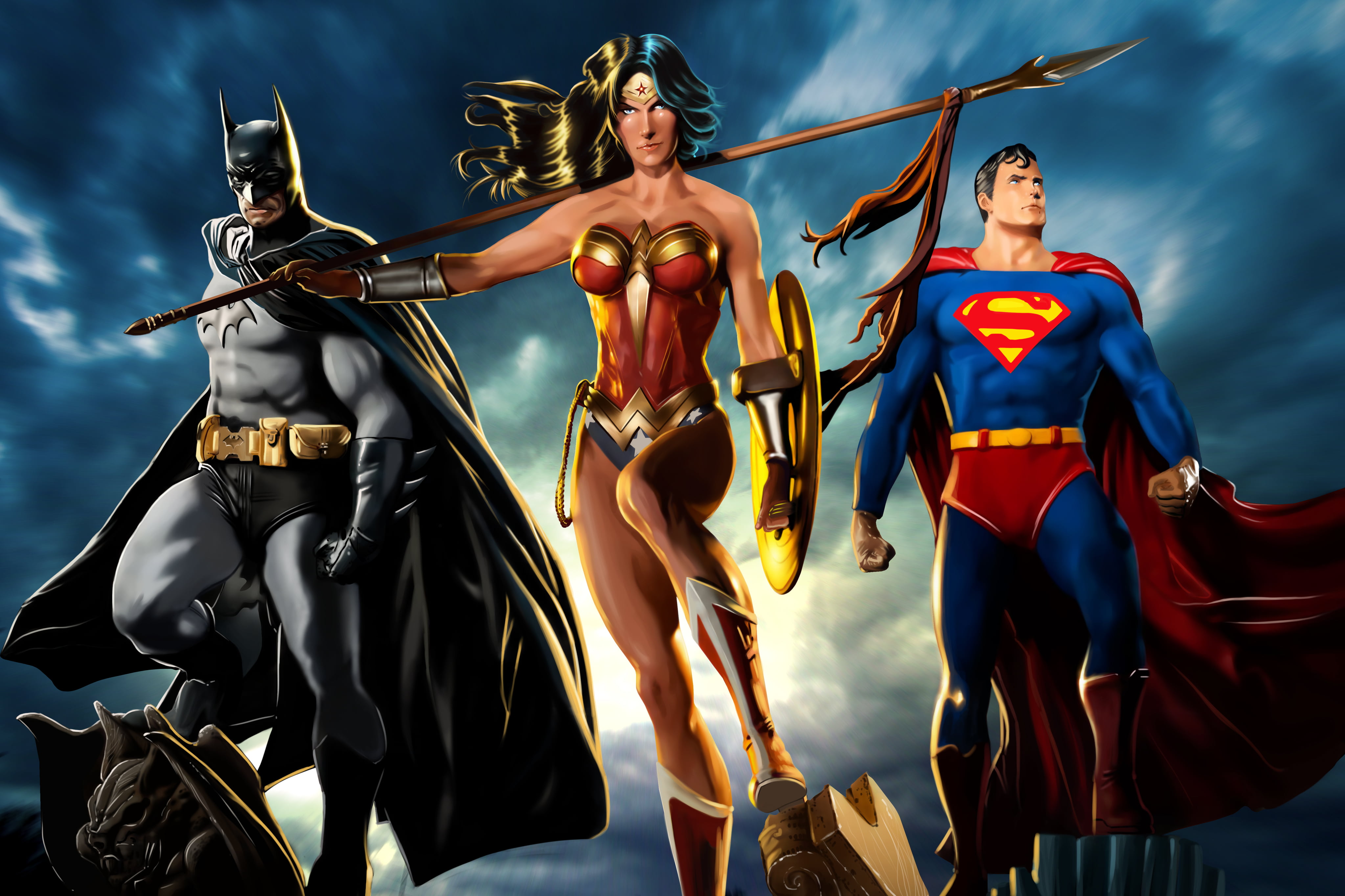 Superman, nature, sky, low angle view, women, art and craft, human representation, woman, religion, cloud - sky, two people, wonder, warrior - person, men, HD Wallpaper