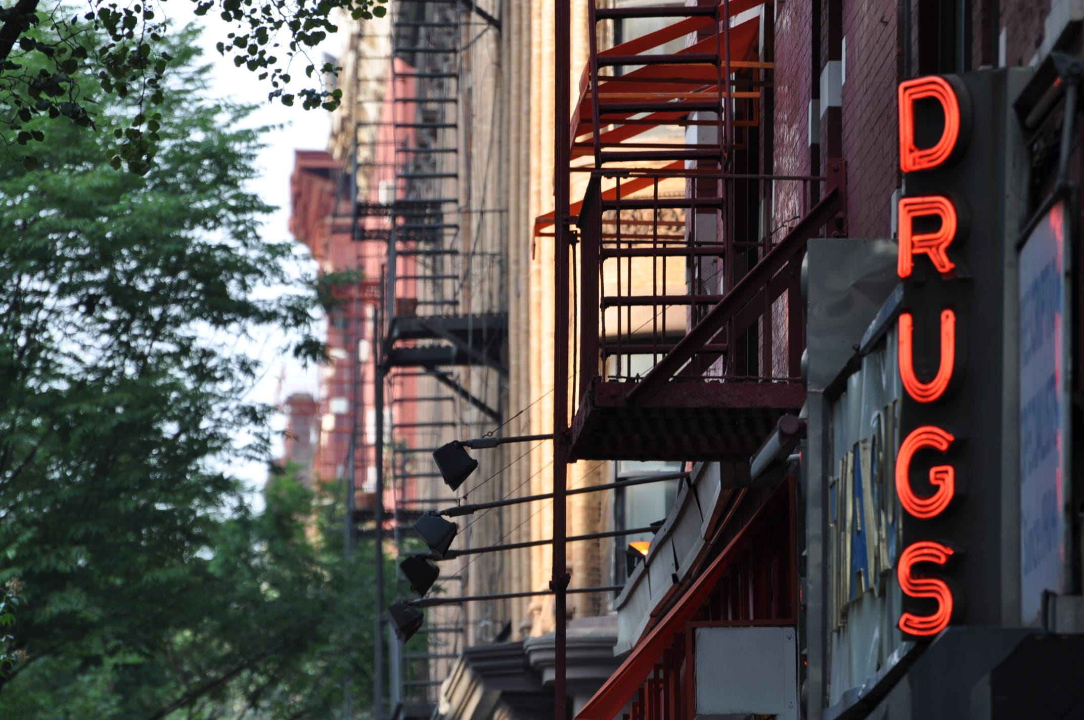 building exterior, building, western script, day, prescription, store, communication, plant, neon, illuminated, healthcare, outdoors, health, fire escapes, HD Wallpaper