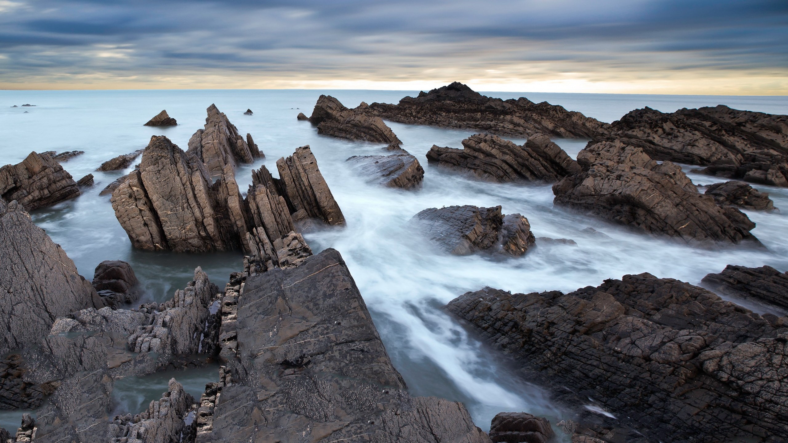 beauty in nature, solid, rock - object, sea, long exposure, land, eroded, no people, rocky coastline, outdoors, cloud - sky, motion, horizon over water, HD Wallpaper