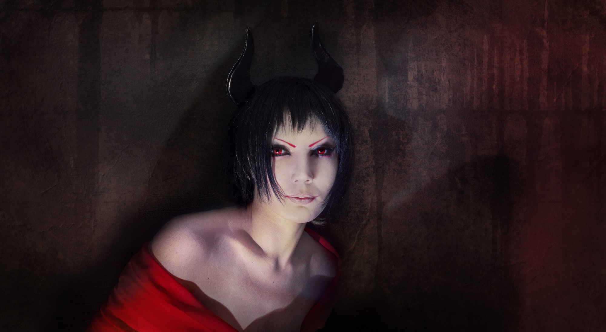 adult, fake iris, hair, hairstyle, fashion, women, bangs, creepy, dark hair, demon horns, red, front view, indoors, headshot, contemplation, wall - building feature, HD Wallpaper