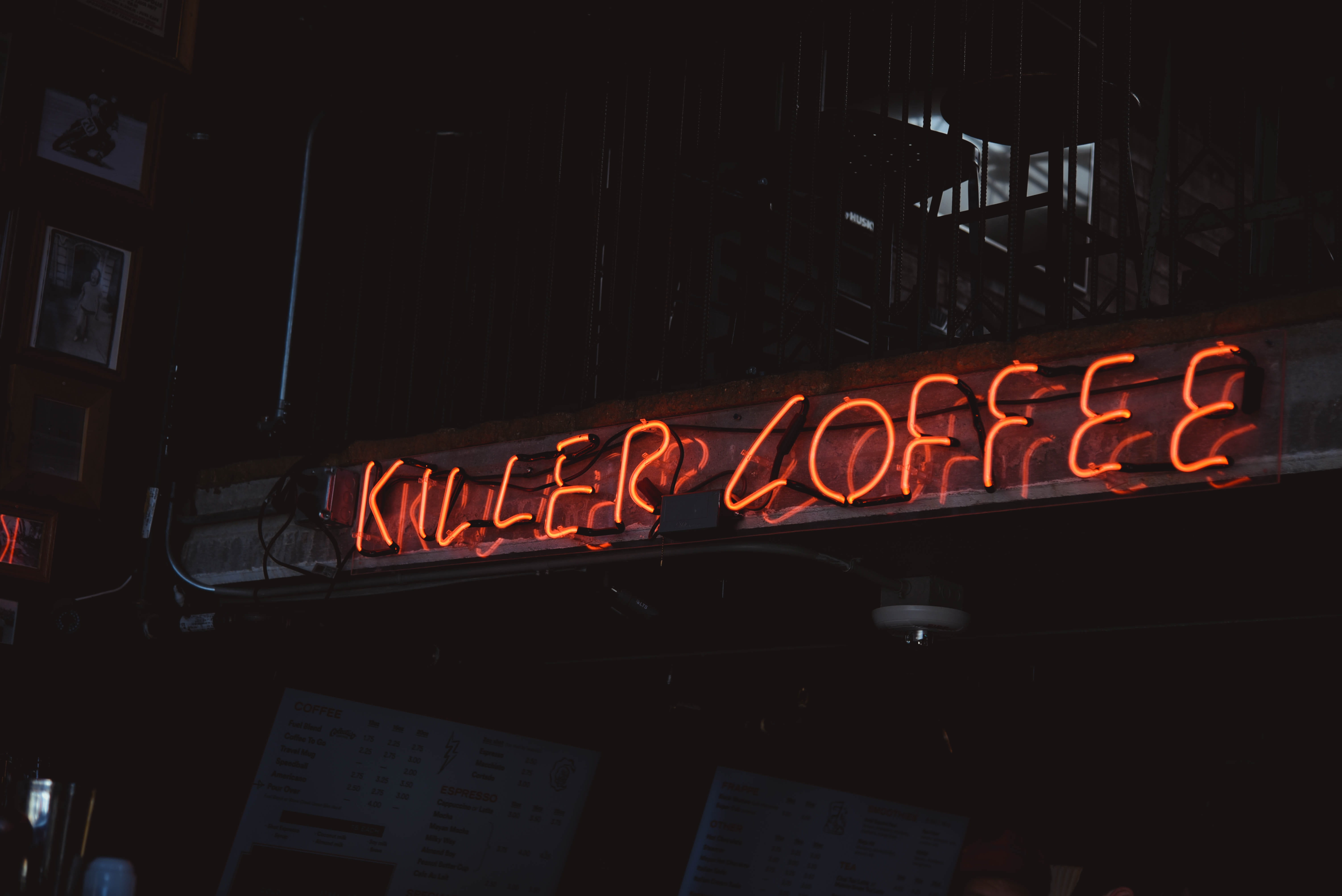 low angle view, cafe, communication, 5K, night, caffine, no people, neon, lights, glowing, western script, phrase, heat - temperature, illuminated, lighting equipment, HD Wallpaper