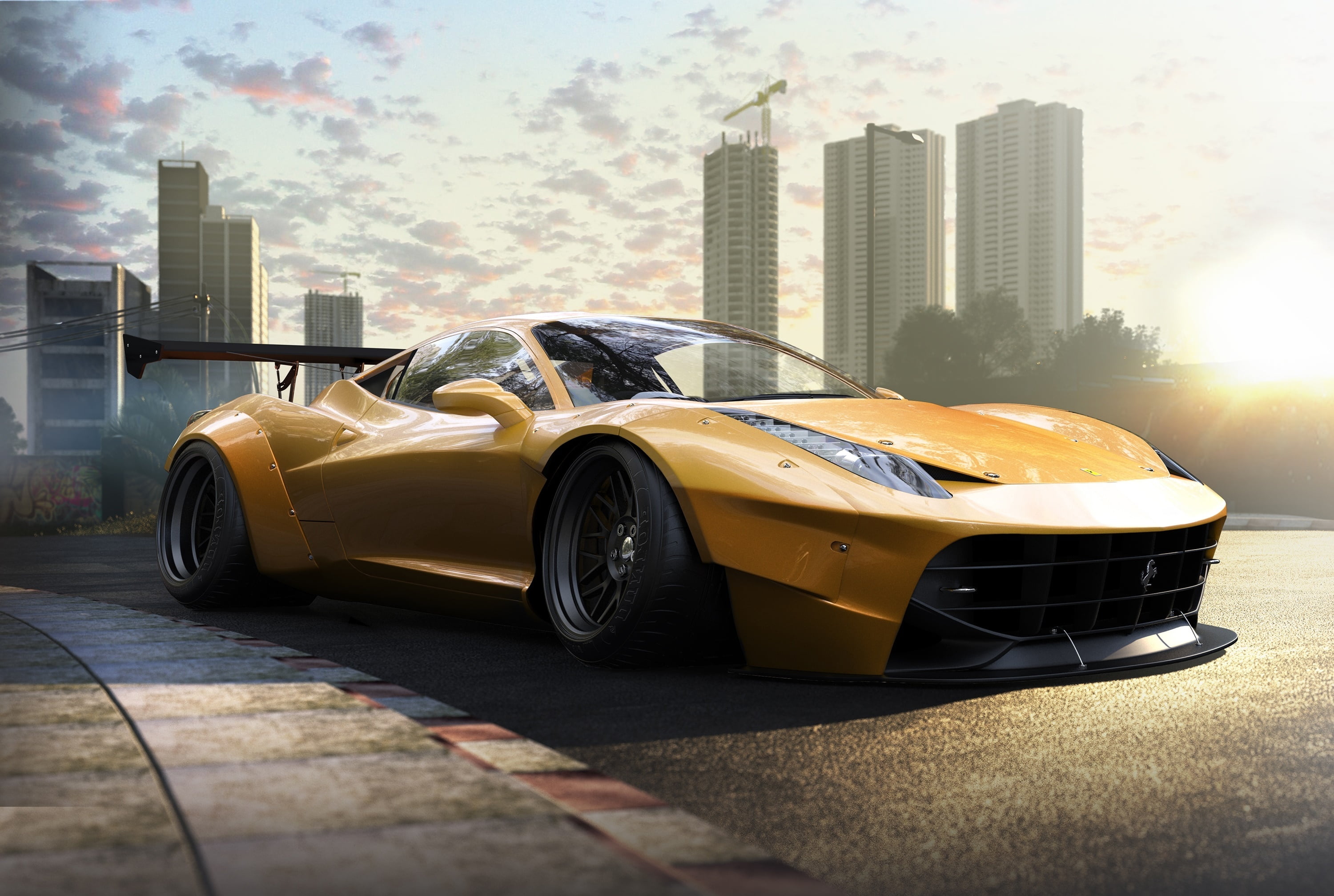 day, Spoiler, cloud - sky, mode of transportation, Front, building, 458, no people, architecture, motor vehicle, Ferrari, car, office building exterior, HD Wallpaper