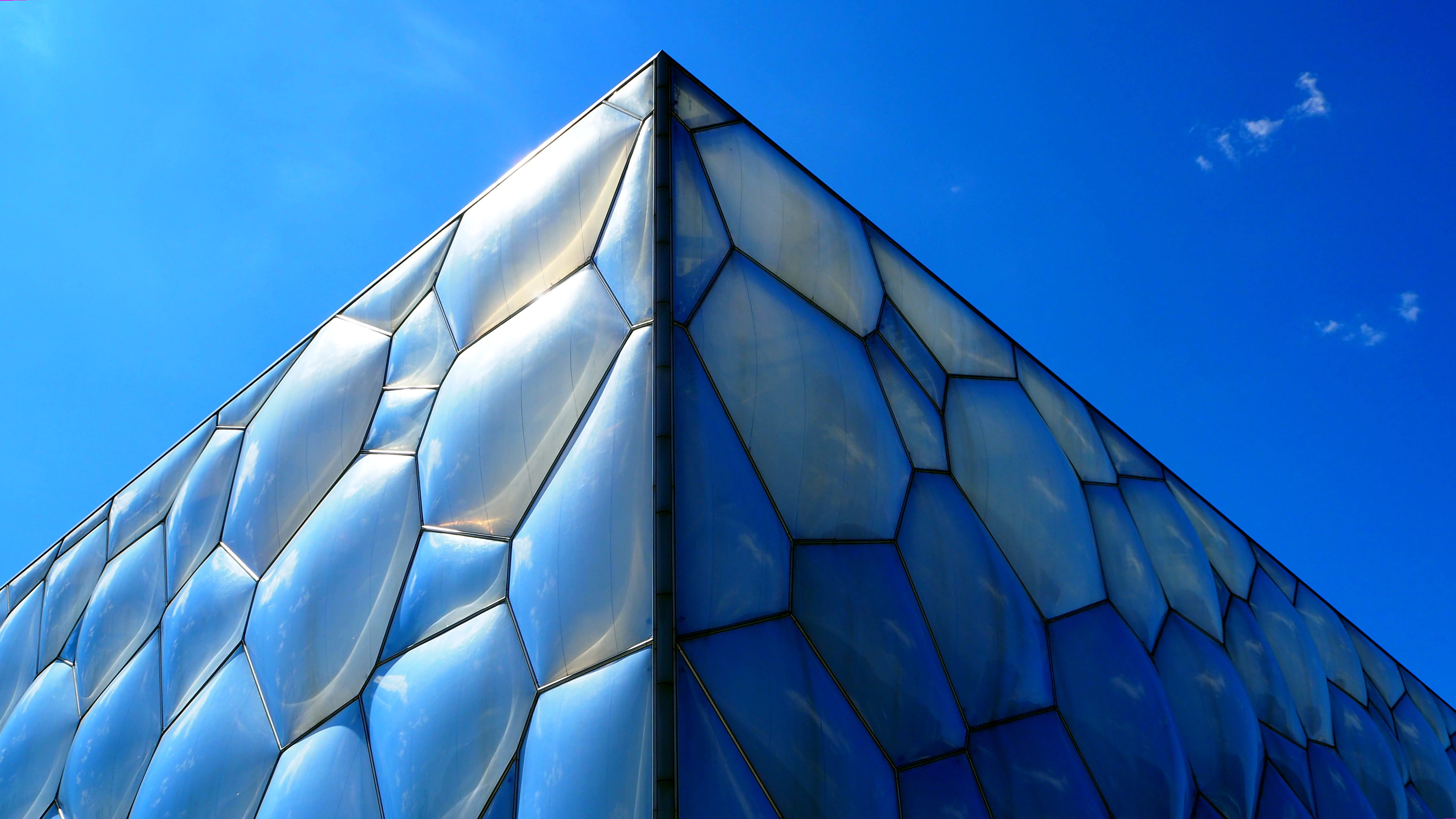 china, beijing, triangle shape, transparent, sport, olympic village, water cube, day, low angle view, indoor swimming pool, nature, facade, building, 2008, HD Wallpaper
