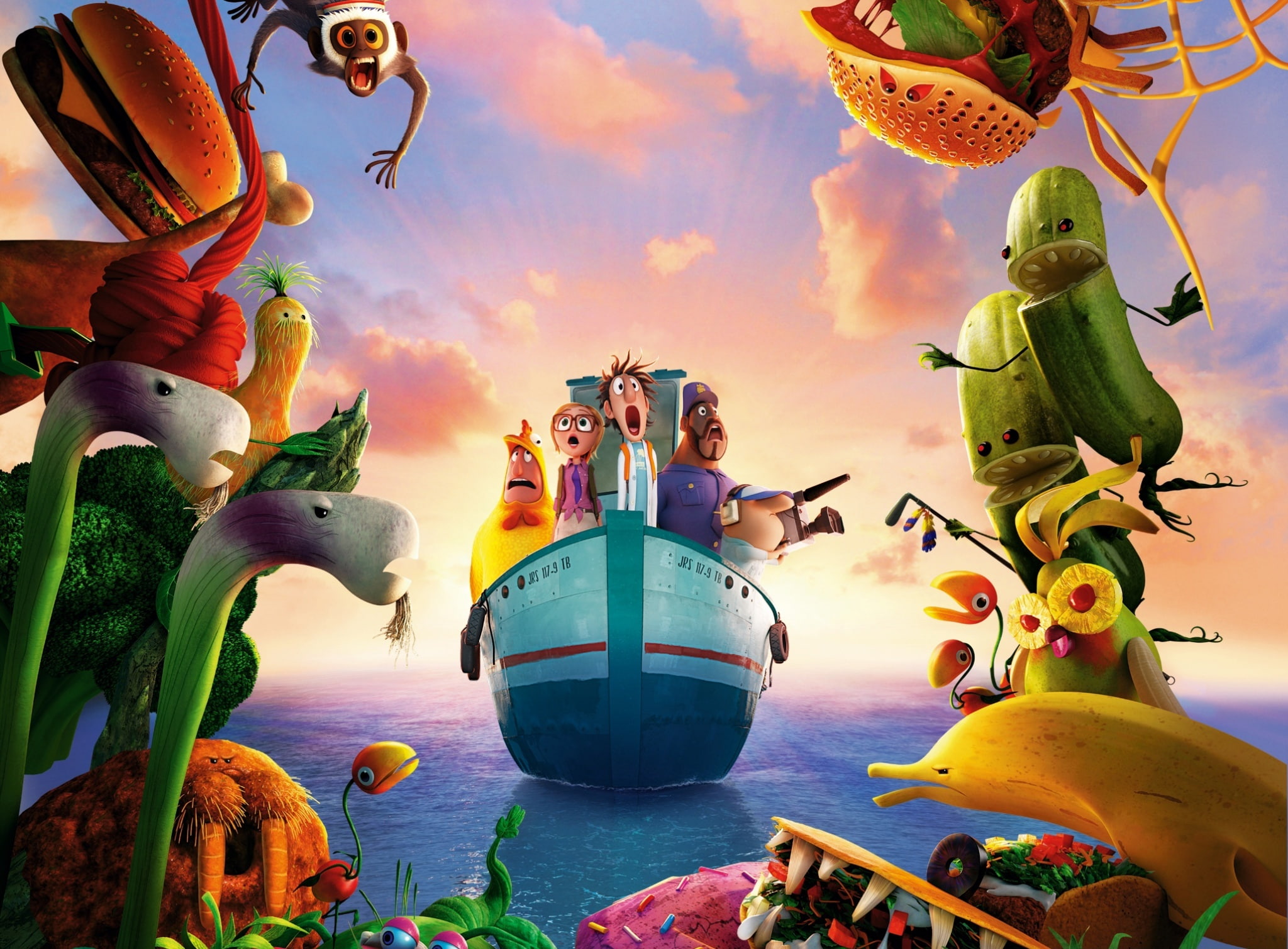 group of people, sky, human representation, Cloudy, anime, sea, cloud - sky, Meatballs, multi colored, With, sculpture, transportation, nautical vessel, HD Wallpaper