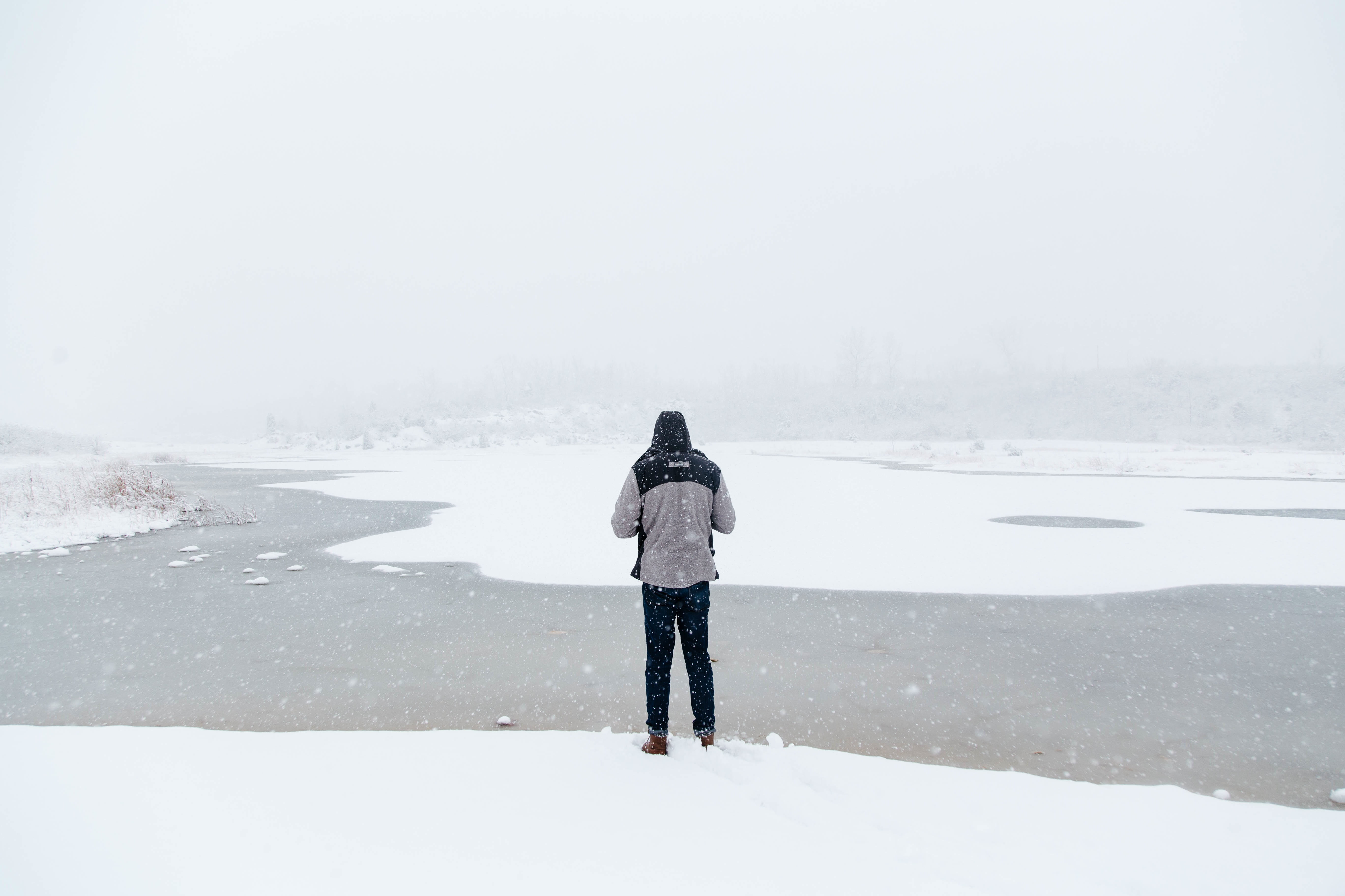 man, beauty in nature, day, alone, cold temperature, rear view, blizzard, fog, warm clothing, extreme weather, environment, jacket, solitude, real people, HD Wallpaper