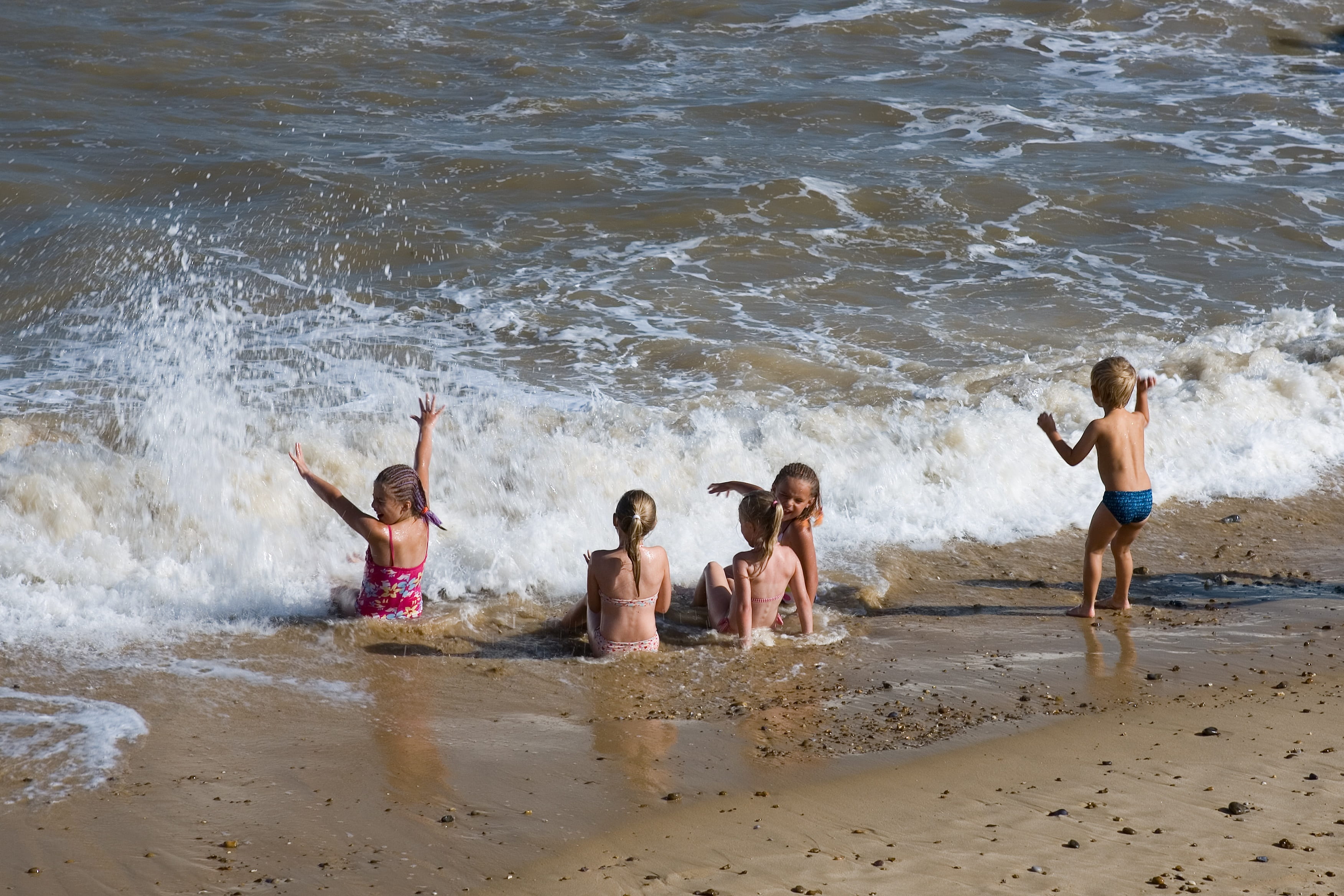 playing, positive emotion, girls, swimwear, 2K, sand, togetherness, holiday, seashore, waves, sister, kids, trip, five, sea, motion, children, water, vacations, HD Wallpaper