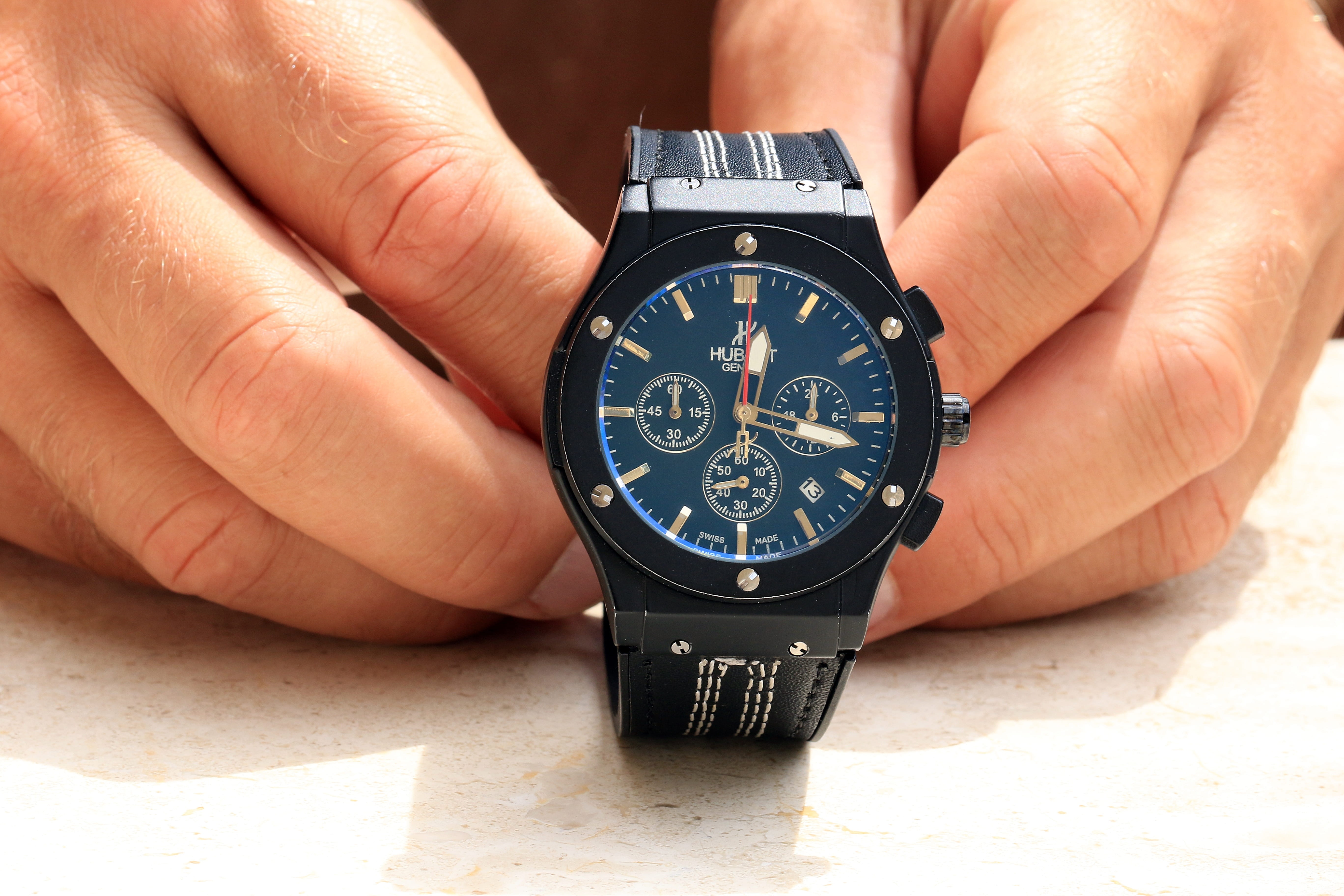 men, wrist, clock shield, adult, silver colored, day, human joint, accuracy, blue, close-up, clock tips, hands, wristwatch, minute hand, finger, band, leather, HD Wallpaper