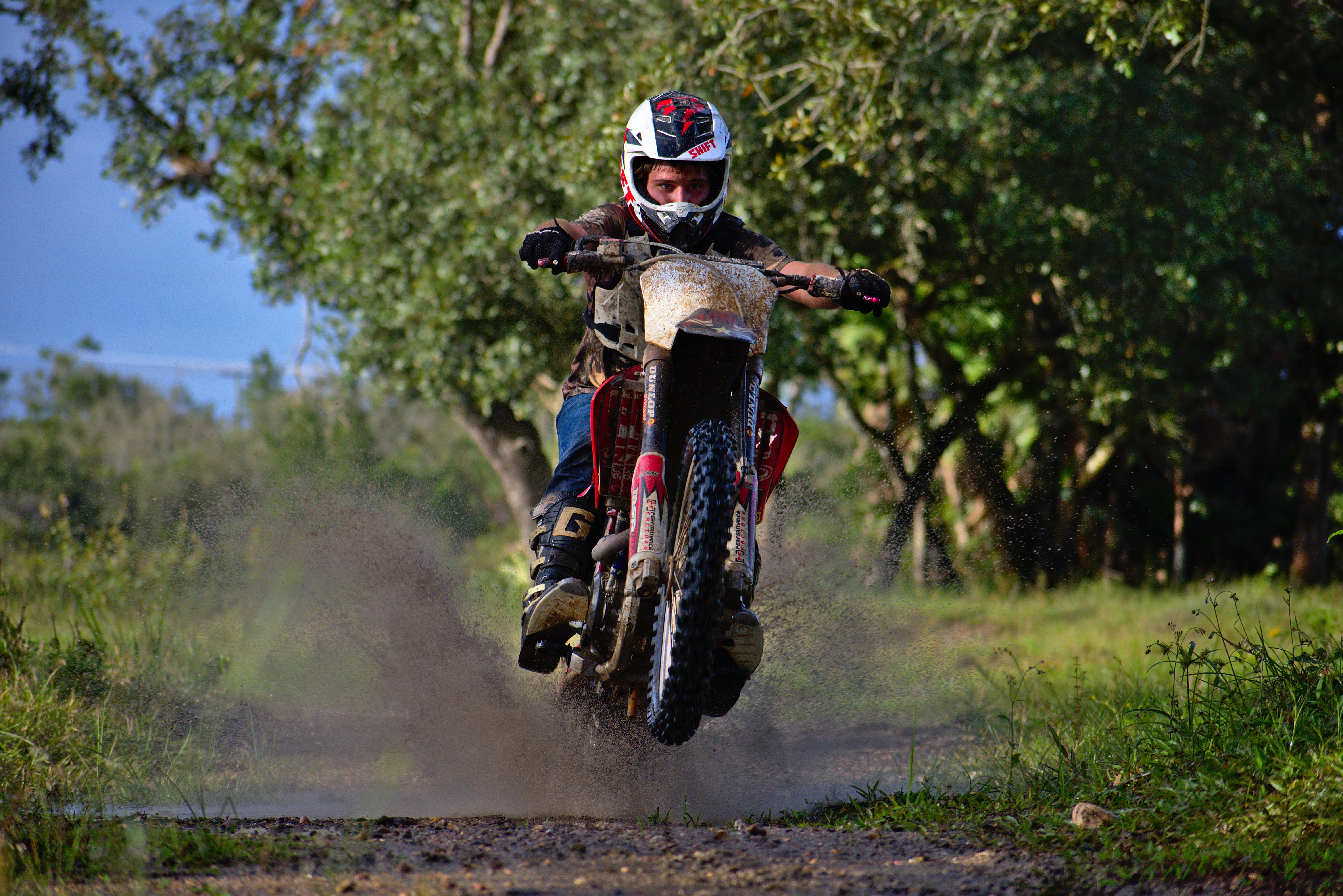 5K, near, outdoors, rider, splash, man, biker, sports equipment, transportation, bike, action, sports helmet, danger, sports race, honda, trees, motion, HD Wallpaper
