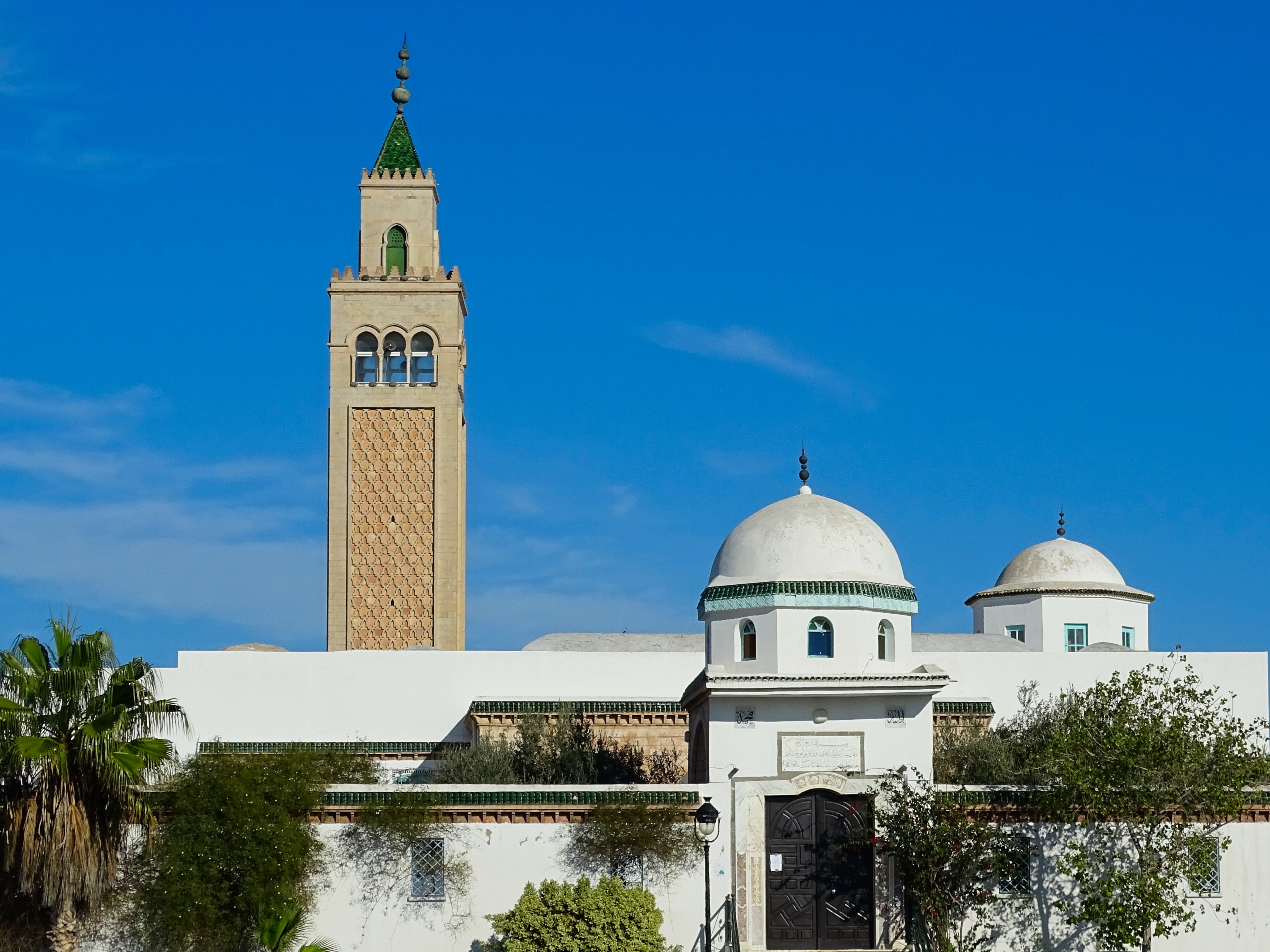 spirituality, sky, place of worship, 4K, white, tree, travel destinations, belief, outdoors, water, building exterior, islam, cultures, la marsa, trees, HD Wallpaper
