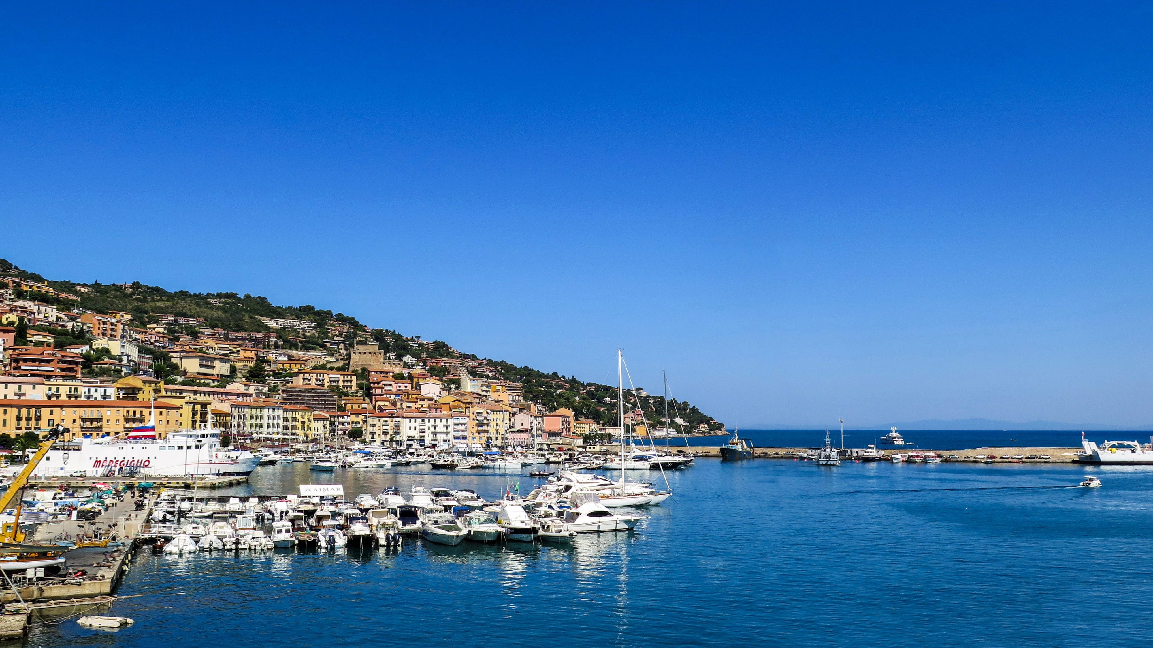 summer, europe, daytime, yacht, no people, land, ships, Porto, San Stefano, travel Destinations, 4K, sky, buildings, sea, architecture, porto san stefano, HD Wallpaper