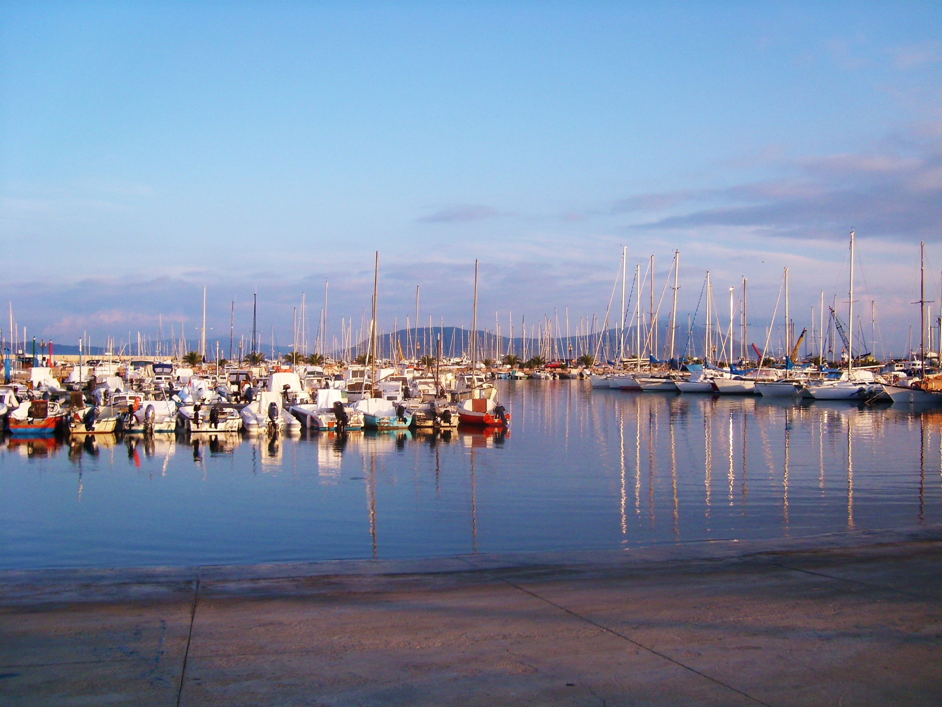 no people, yacht, water, anchored, marina, nautical Vessel, reflection in the water, sailing ship, mediterranean, reflection, bank, cloud - sky, mode of transportation, HD Wallpaper
