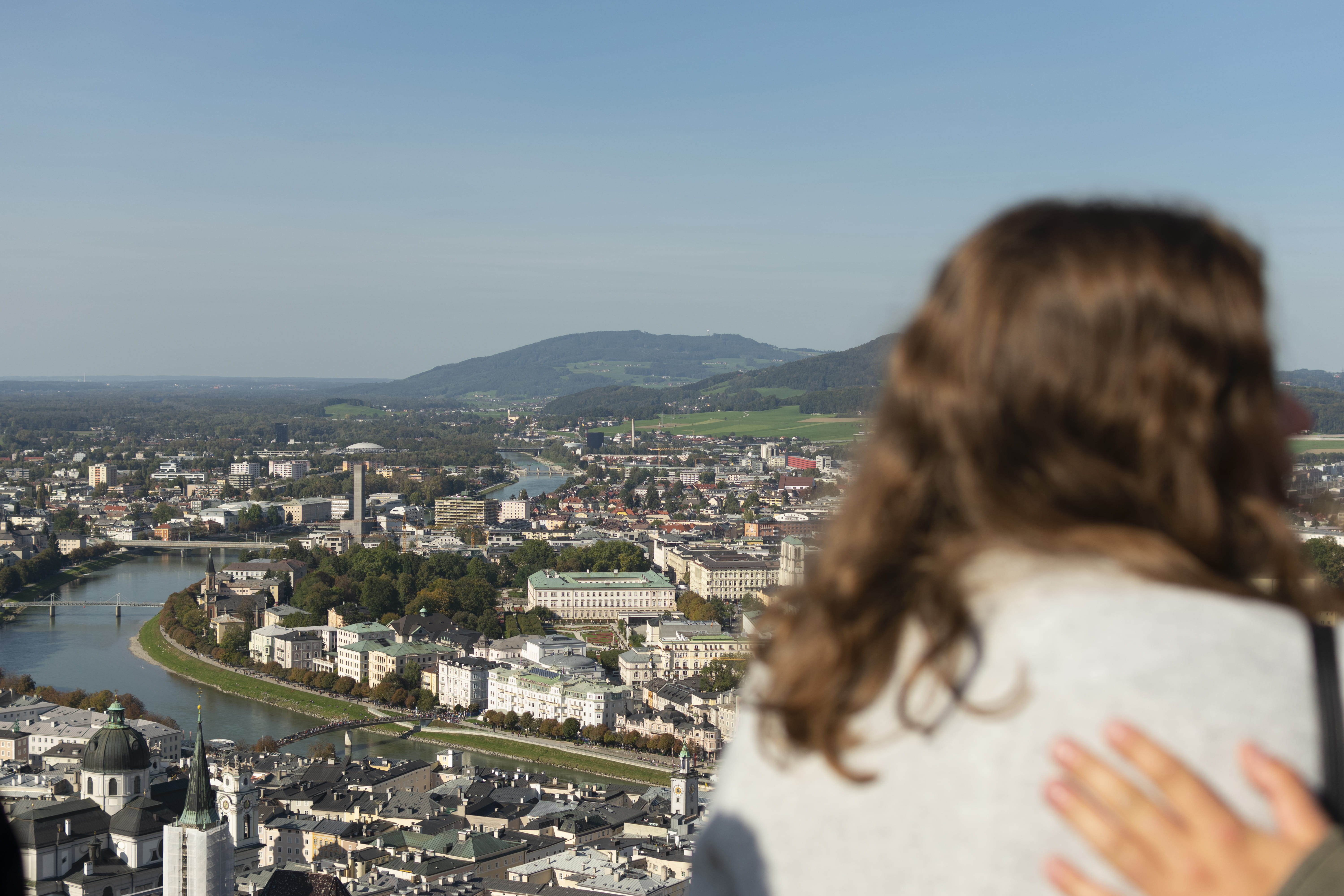 day, hairstyle, fortress hohensalzburg, river, looking at view, headshot, urban, nature, salzburg, people, one person, real people, long hair, women, buildings, HD Wallpaper