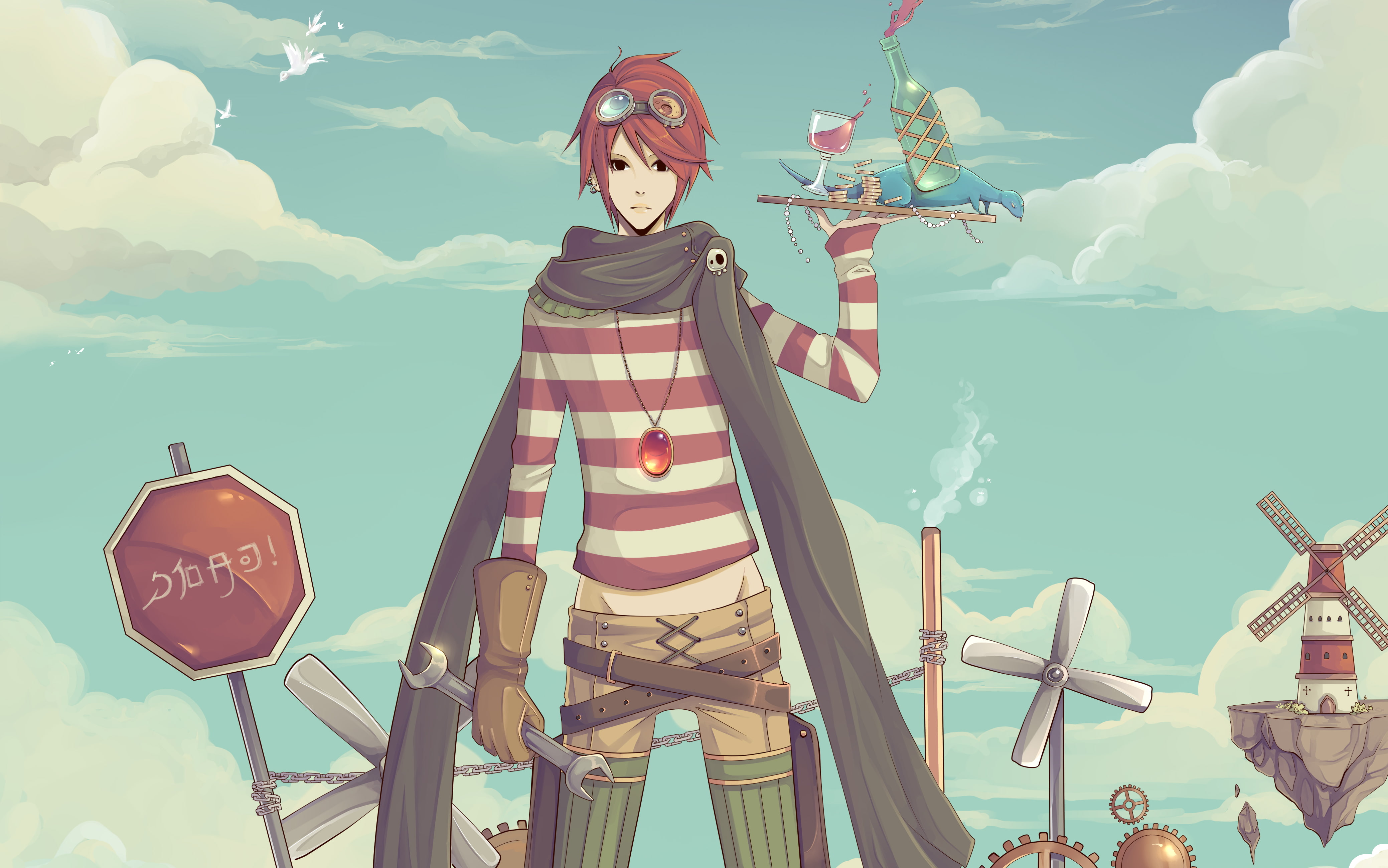 medallion, money, male, red, guy, coins, fictional, art, glasses, Jun, 4K, glass, mill, birds, character, key, bottle, glove, gasara, tray, HD Wallpaper