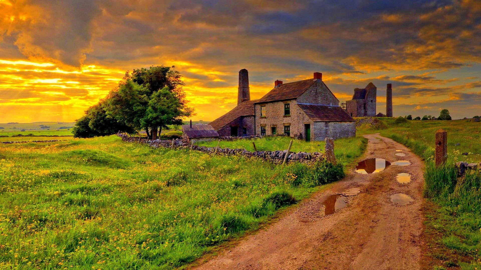 stone, nature and landscapes, near, photo, old, house, trees, farm, grasses, puddles, storm, 1080P, hdr, clouds, road, HD Wallpaper