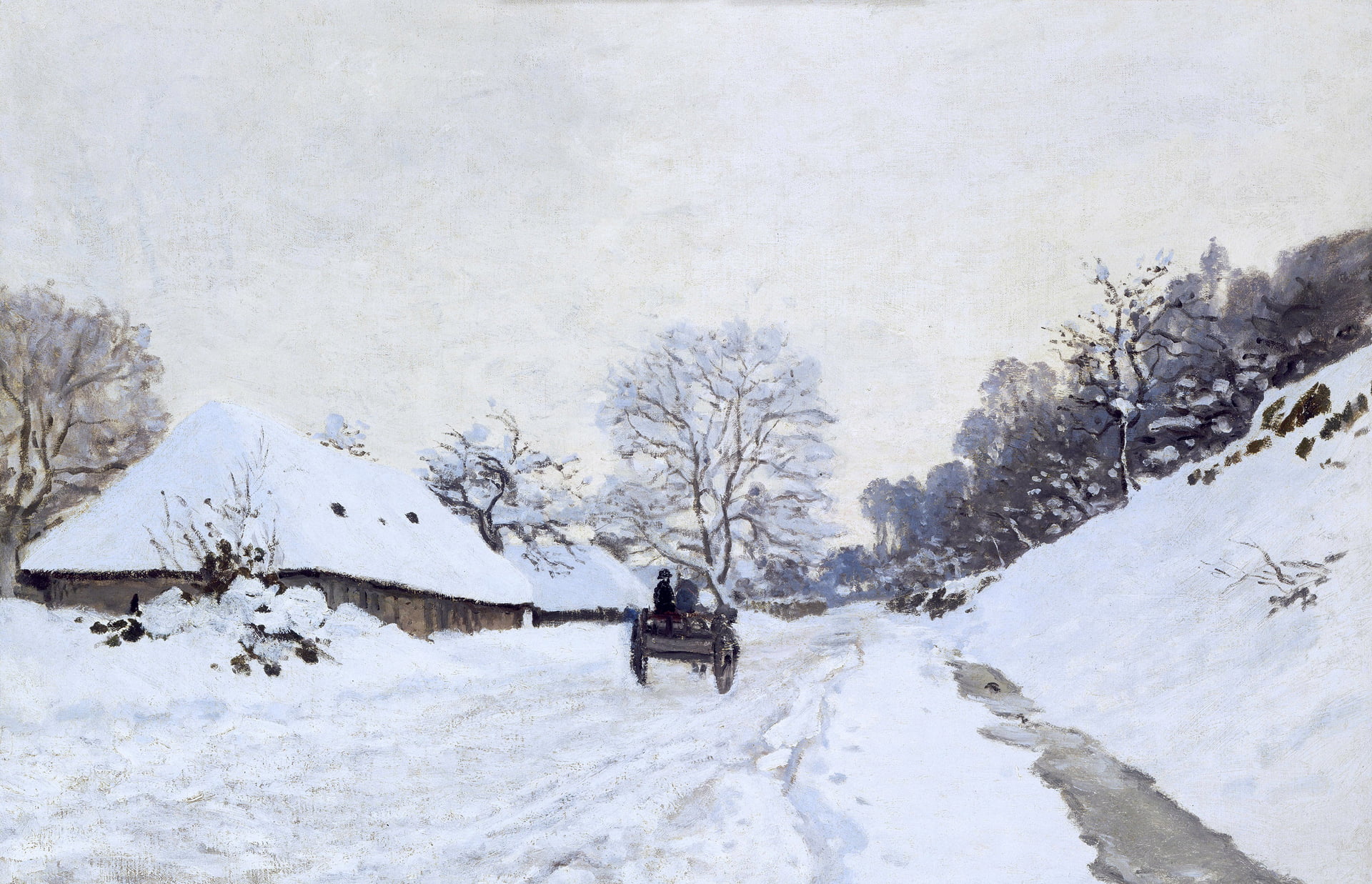 picture, landscape, A cart on the Snowy Road and the Farm of Saint-Simon, 1080P, Claude Monet, snow, winter, HD Wallpaper