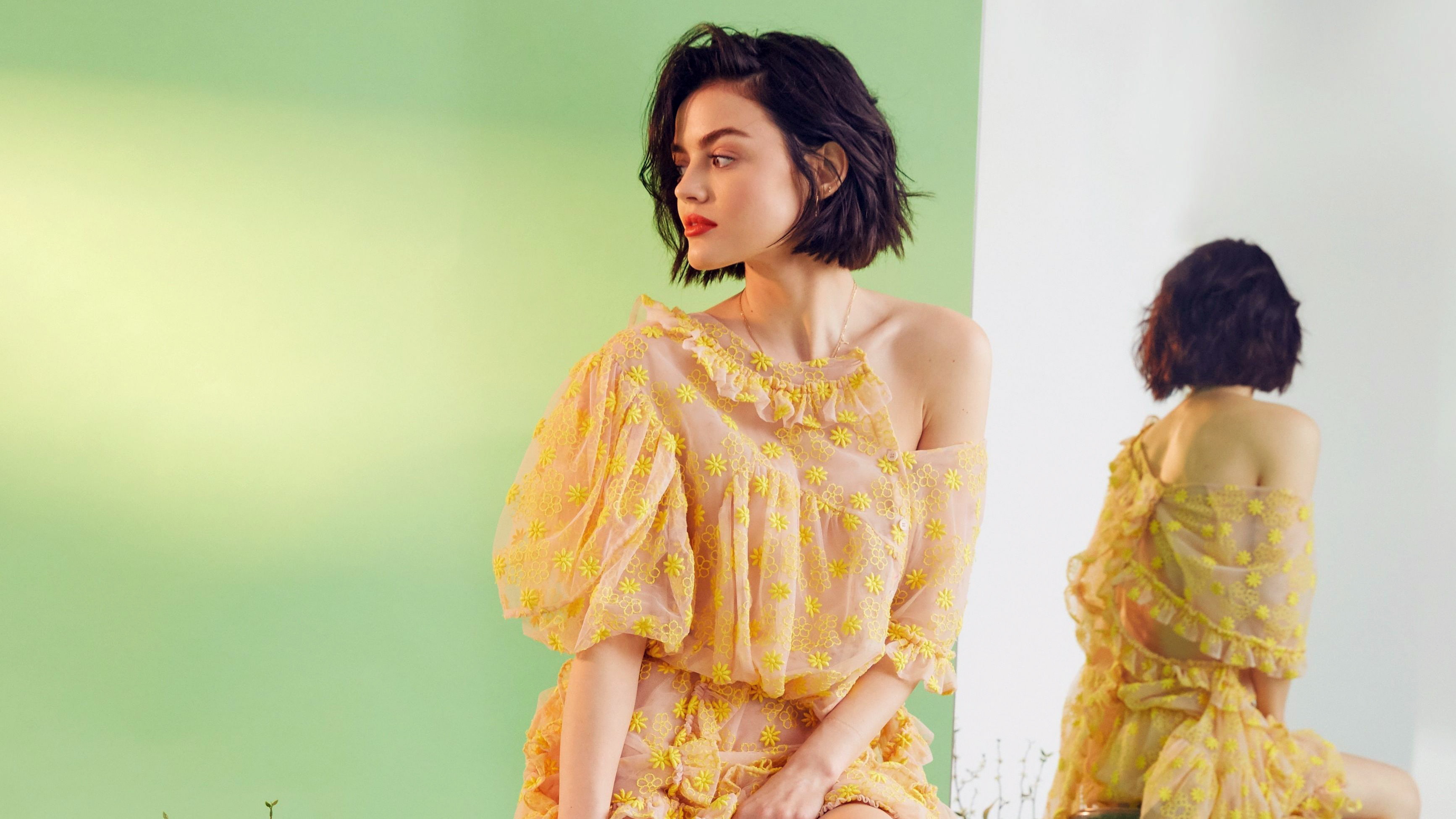 studio shot, women, beautiful woman, adult, fashion, standing, yellow, 2017, three quarter length, indoors, people, young women, two people, togetherness, HD Wallpaper