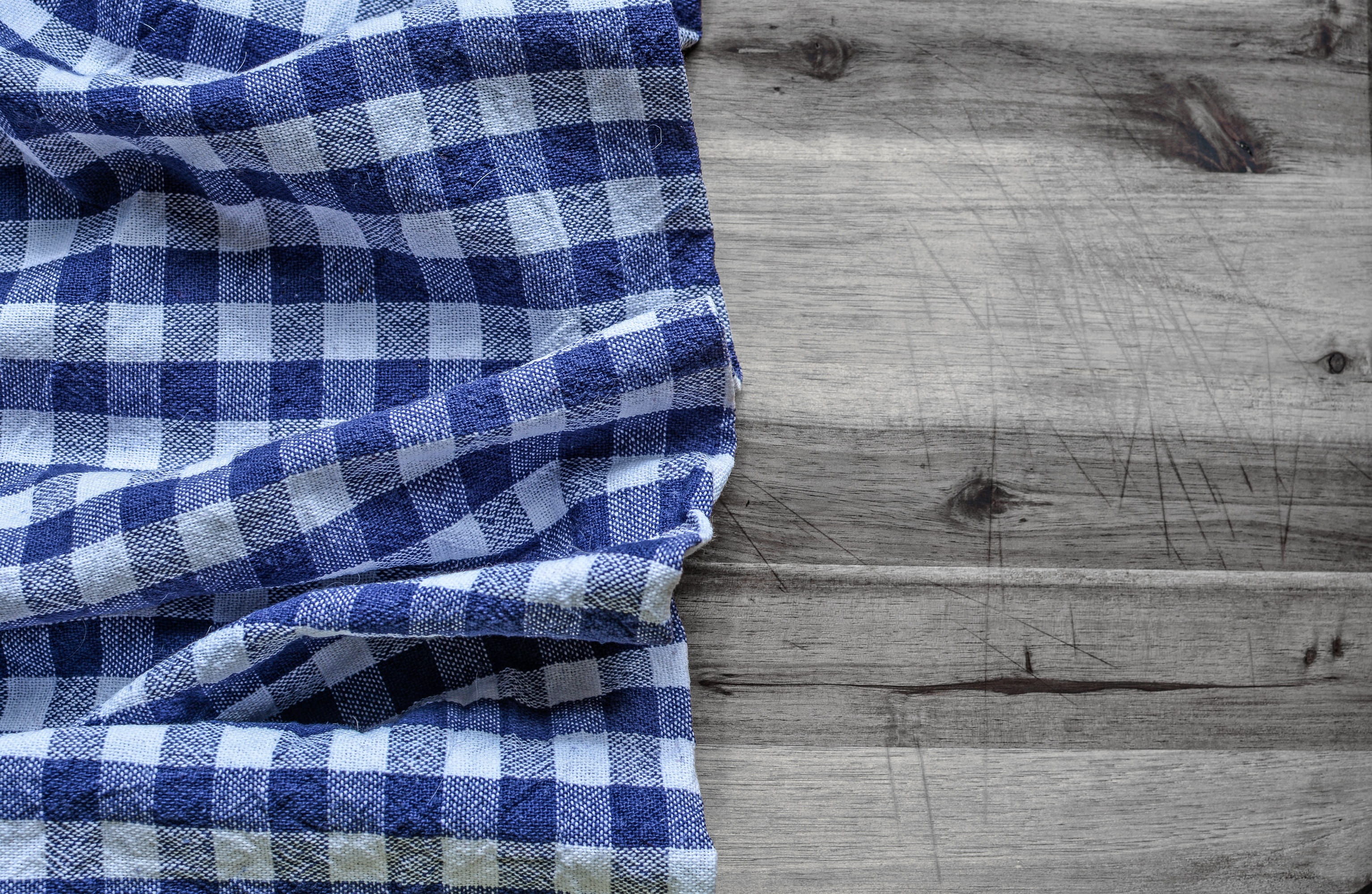 full frame, vintage, 2K, backgrounds, Kitchen, white color, blue, cotton, Picnic, pattern, material, surface, background, group of objects, Tablecloth, HD Wallpaper