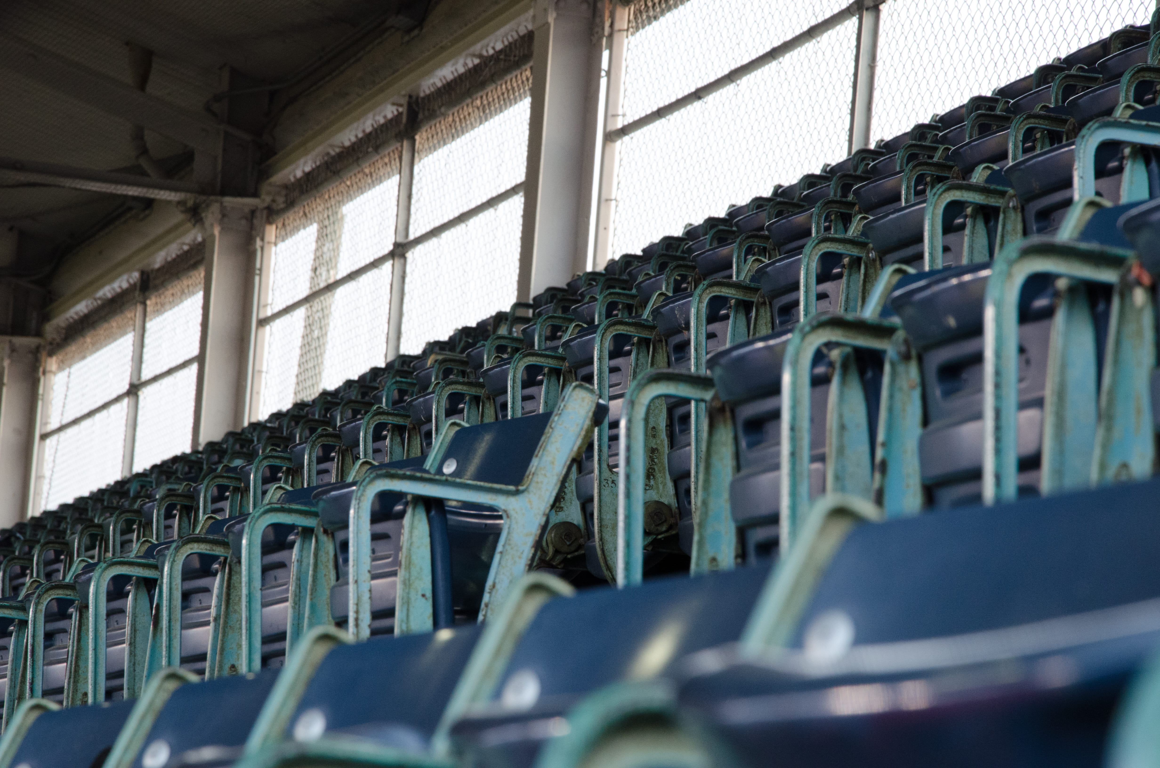 cubs, bleachers, low angle view, seat, failure, industry, empty, surface level, wrigley field, building, chairs, 4K, selective focus, chicago, domestic room, HD Wallpaper
