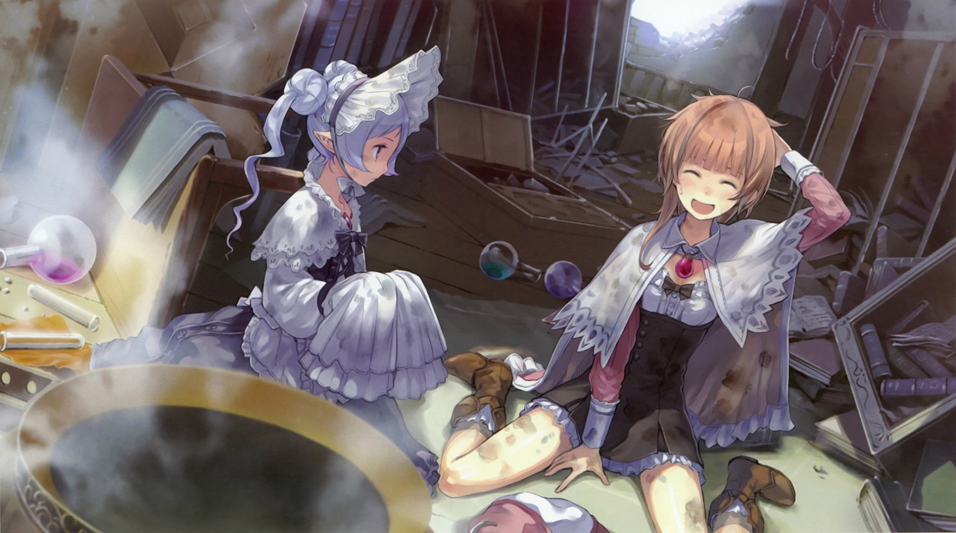 Atelier Rorona, destruction, Cape, on the floor, laboratory, mel kishida, rororina frywell, tubes, 1080P, embarrassment, the bulb, Hom, Kapor, art, two girls, HD Wallpaper