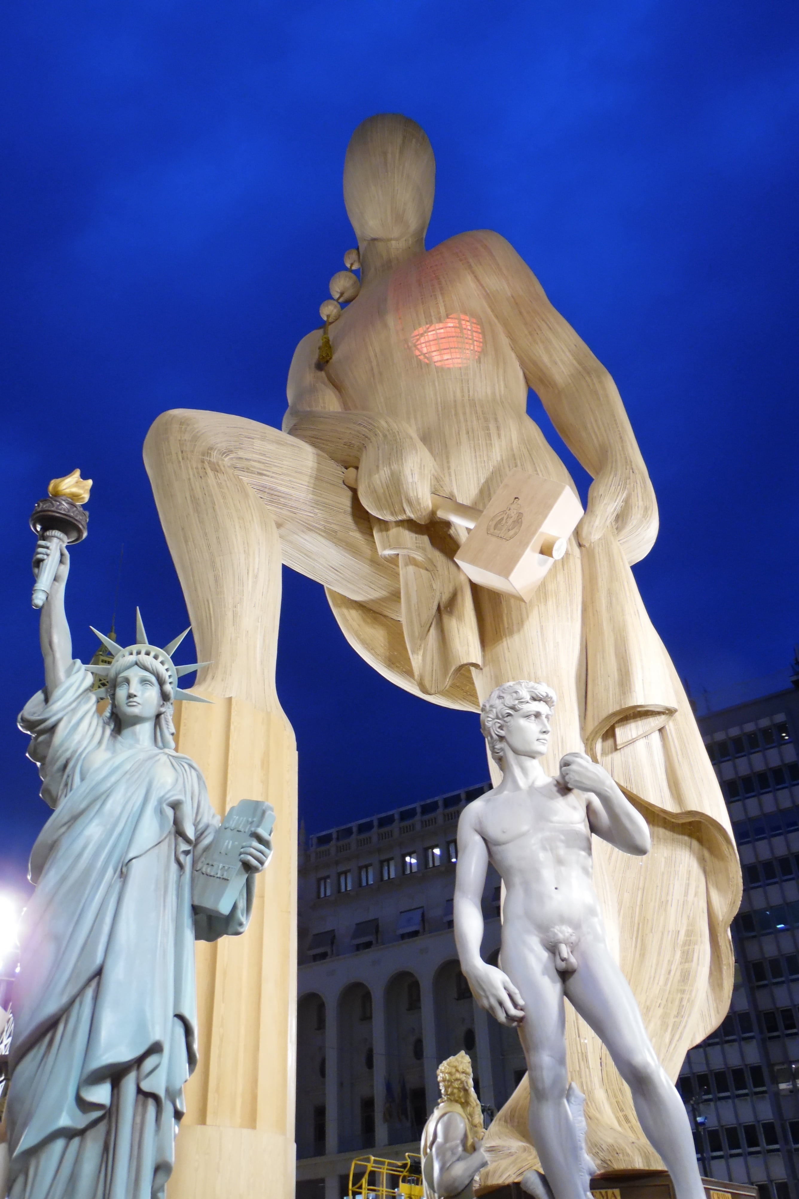 low angle view, culture, creativity, sky, fallas monument, tradition, ninots, 4K, spain, night, no people, history, town hall square, ninot, female likeness, Phone HD Wallpaper