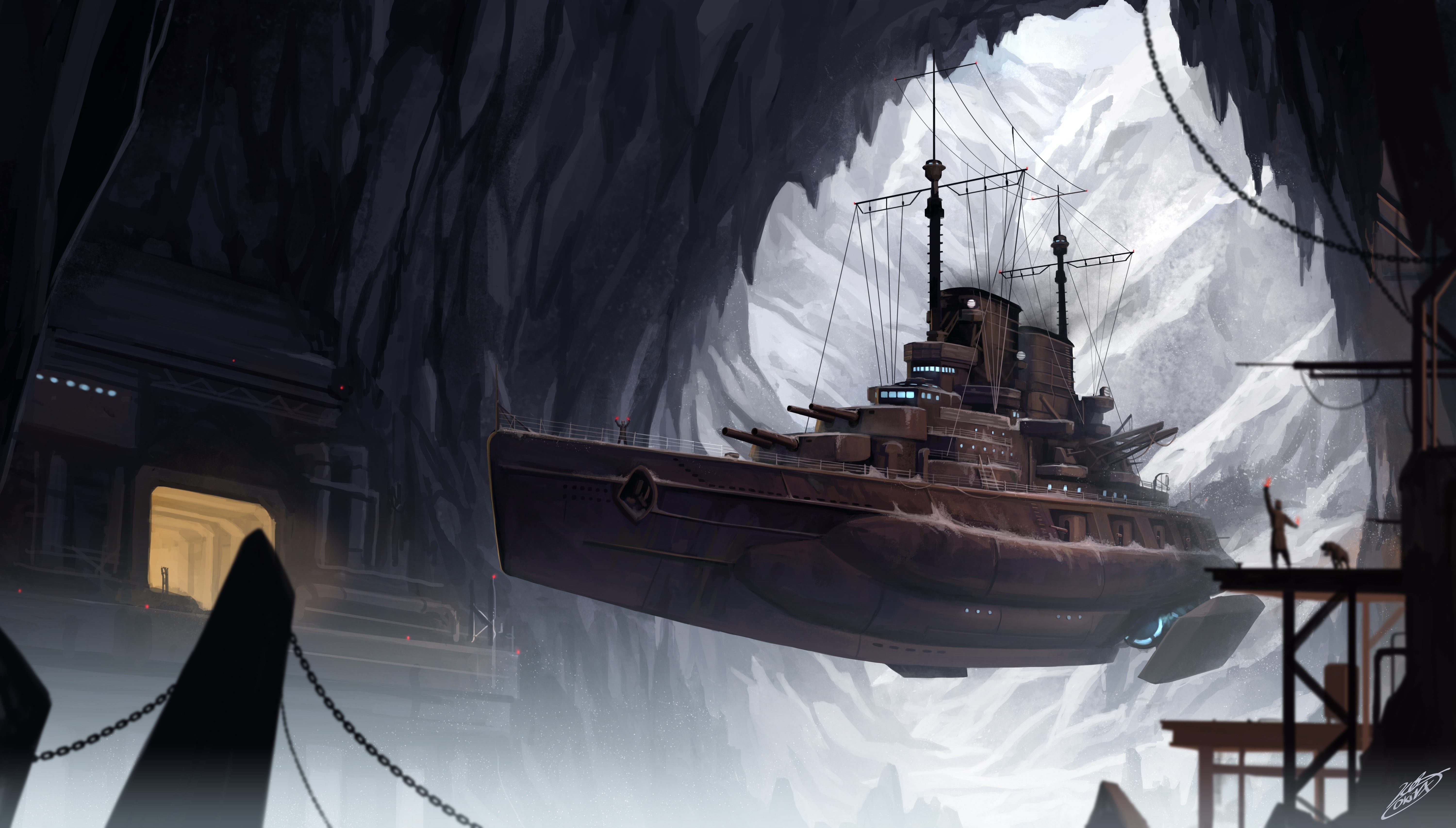science, fantasy art, battleship, fantasy, fiction, vehicles, airship, 5K, art, x, hd, habour, HD Wallpaper