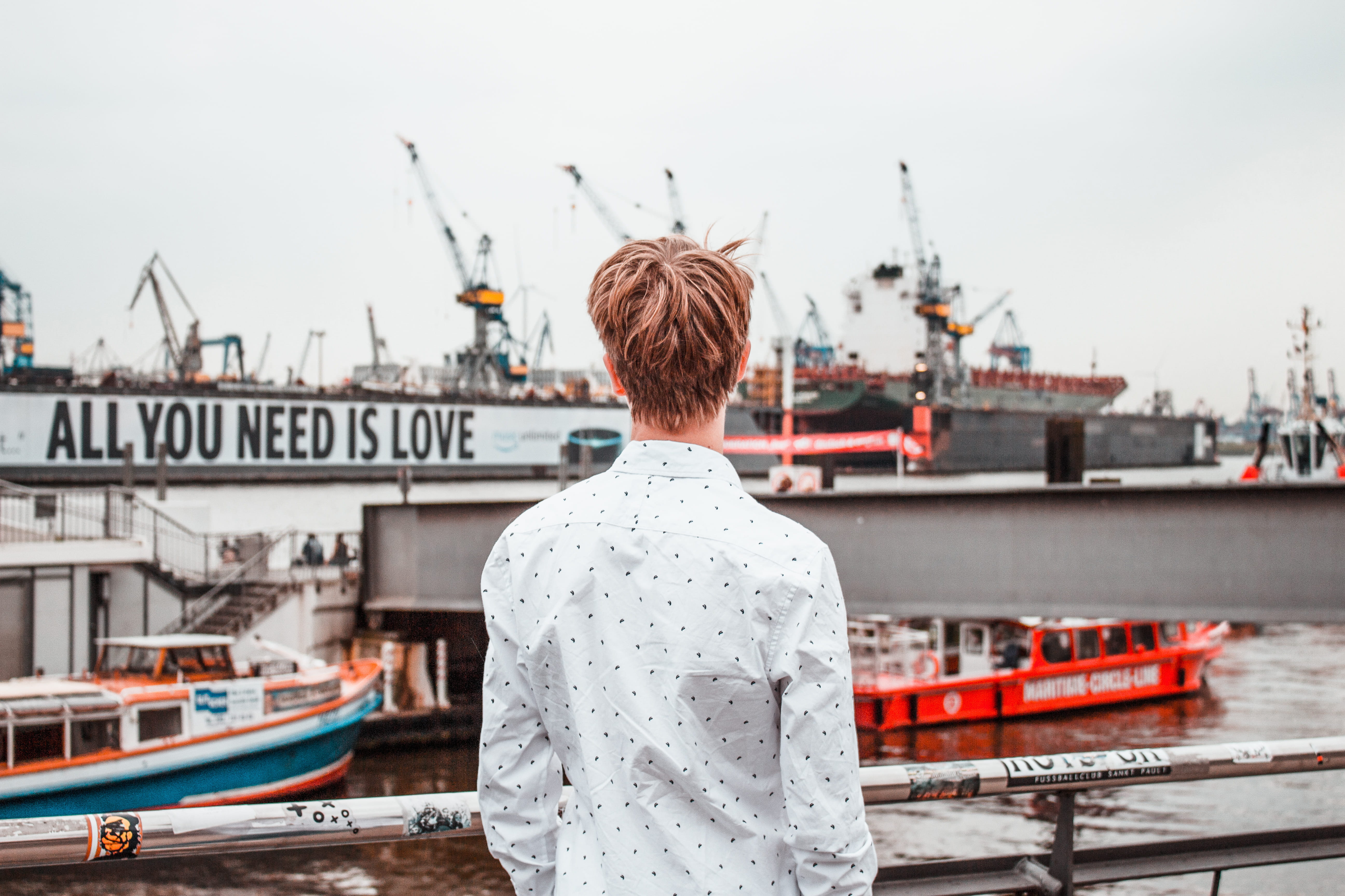 5K, transportation, one person, sleeve, rear view, harbor, military, waist up, vessel, day, apparel, dress, dock, leisure activity, pier, hambourg, adult, HD Wallpaper