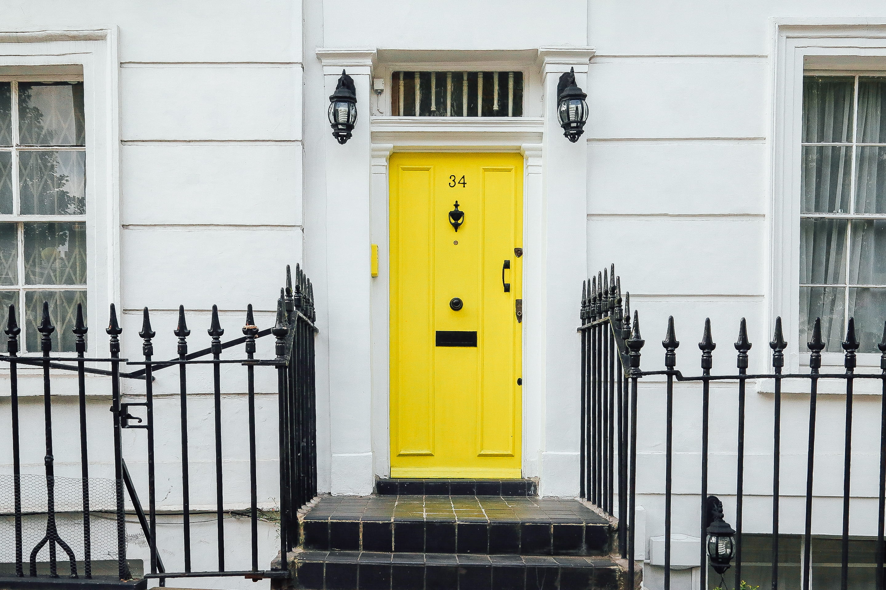 outdoors, building exterior, steel, boundary, door, house, white, day, yellow door, communication, yellow, building, security, sign, residential district, HD Wallpaper