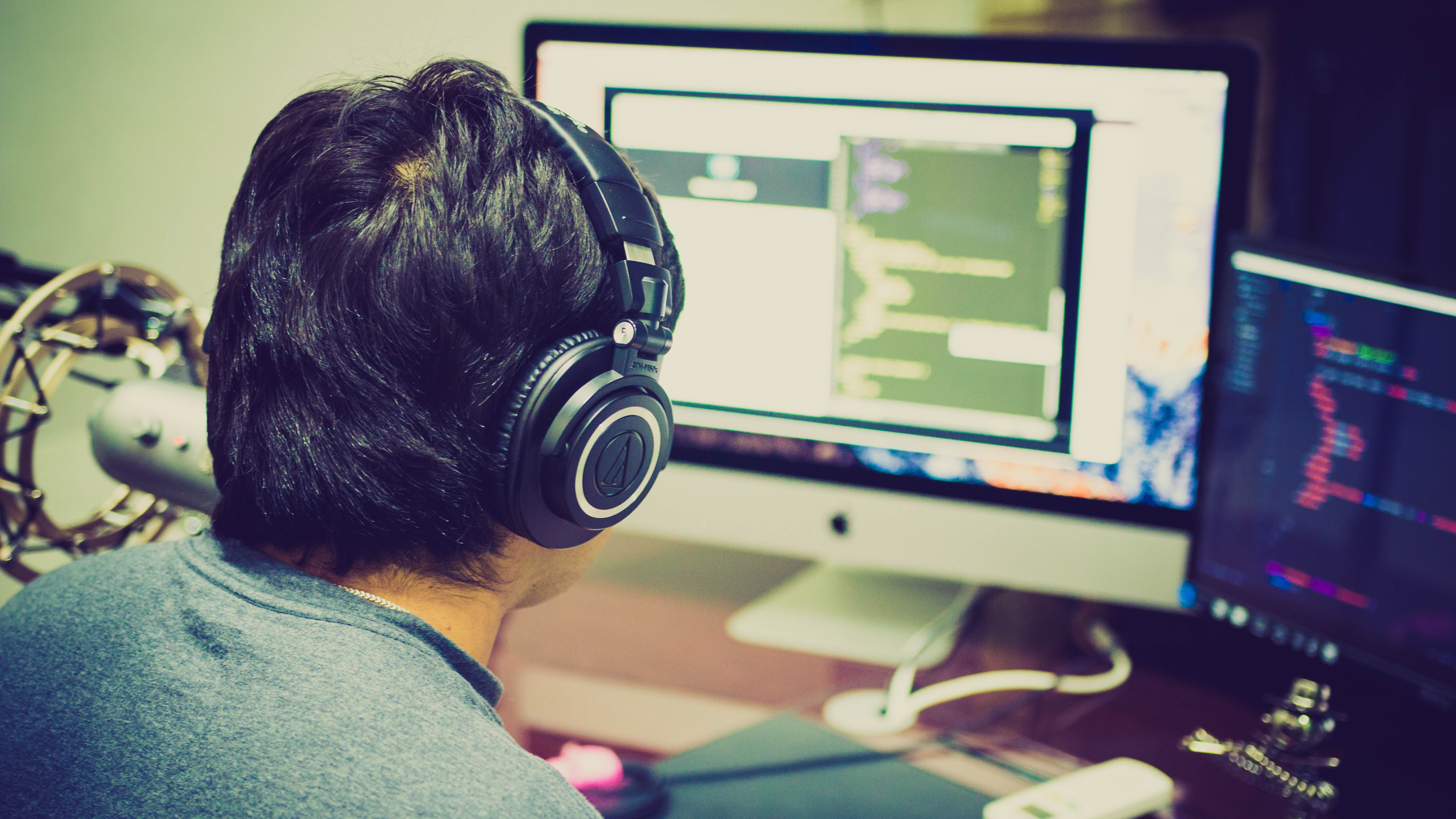 computer user, computer, real people, music, code, lance, black, headphones, coding, imac, portrait, development, programming, 5K, working, adult, rear view, HD Wallpaper