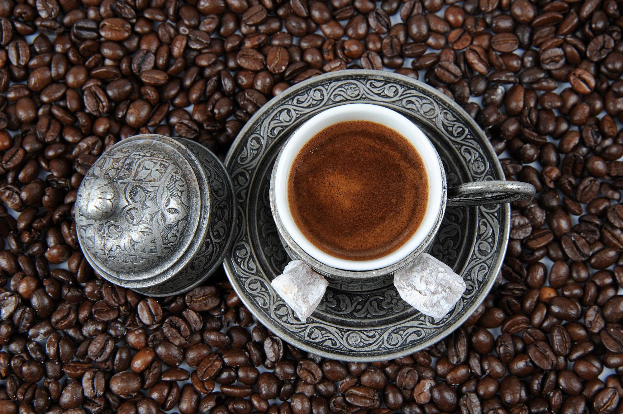 coffee beans, cup, beauty, coffee, drink, 1080P, photo, turkish, turkish coffee, pewter, HD Wallpaper