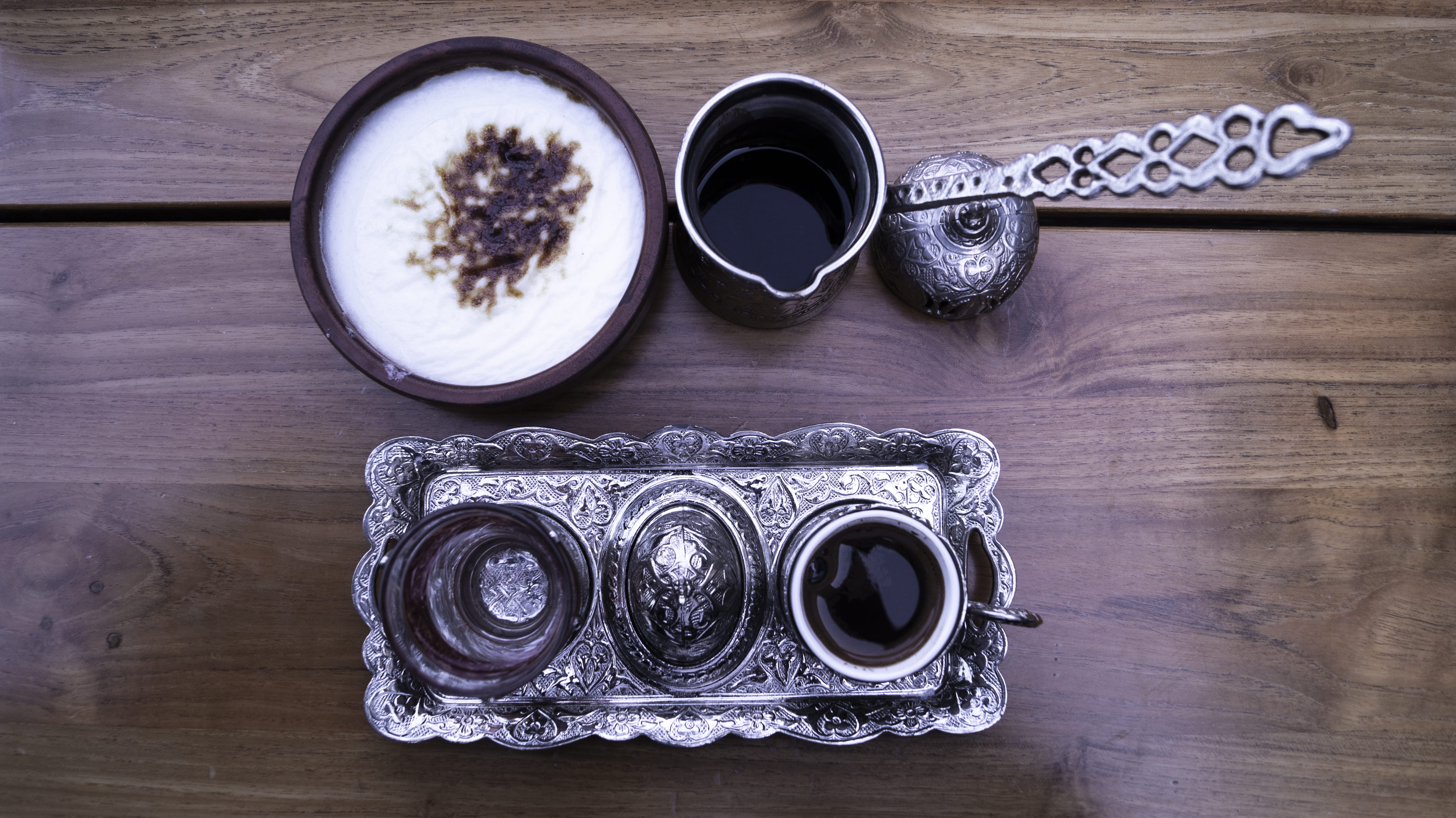 indoors, restaurant, no people, cup, refreshment, table, close-up, 4K, turkish coffee, food, turkish, lid, UAE, silver colored, high angle view, wood - material, HD Wallpaper