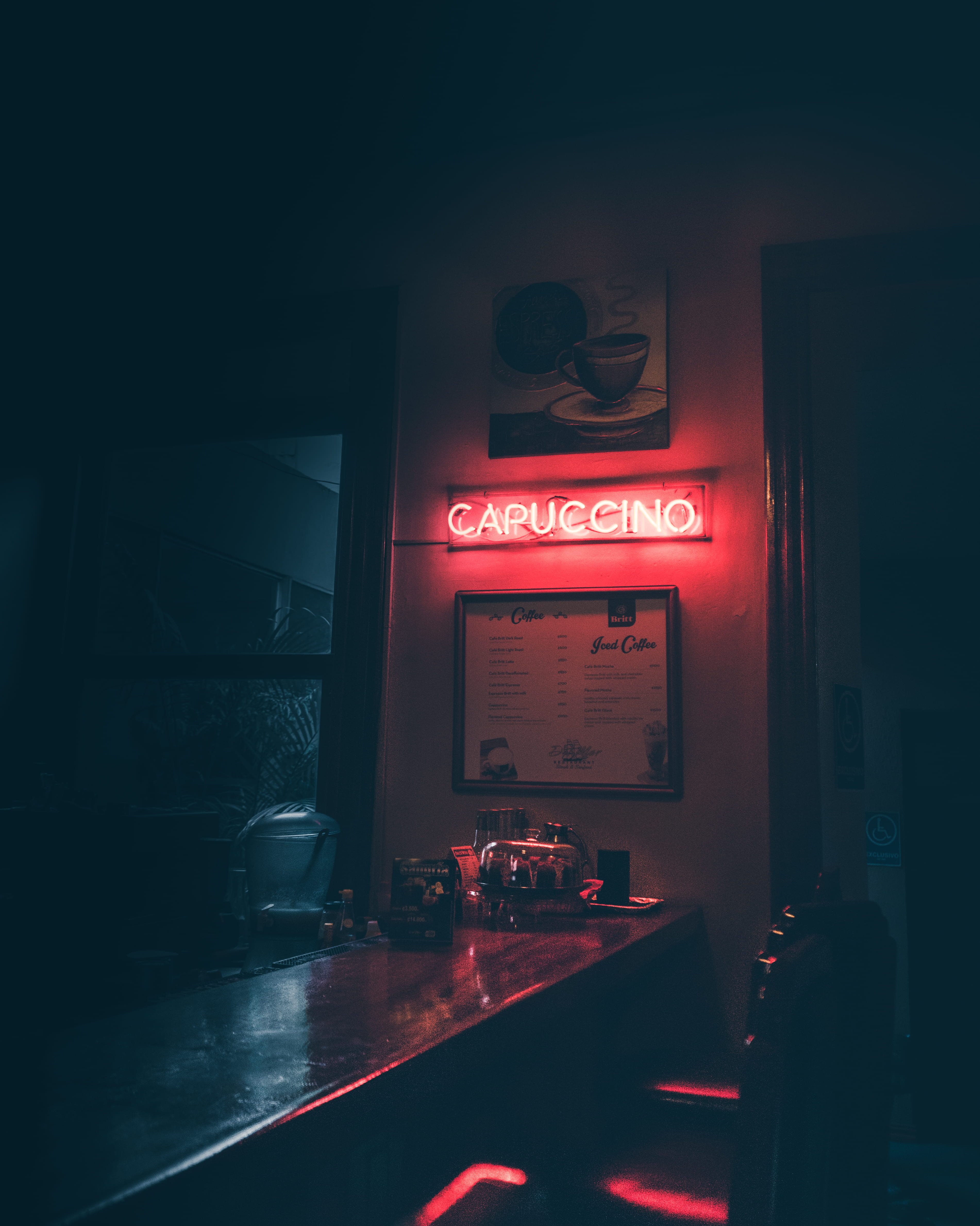 bar counter, capuccino, indoors, red, nightclub, illuminated, text, led, glass, neon, no people, food and drink, caffeine, lighting equipment, cafe, signage, Phone HD Wallpaper