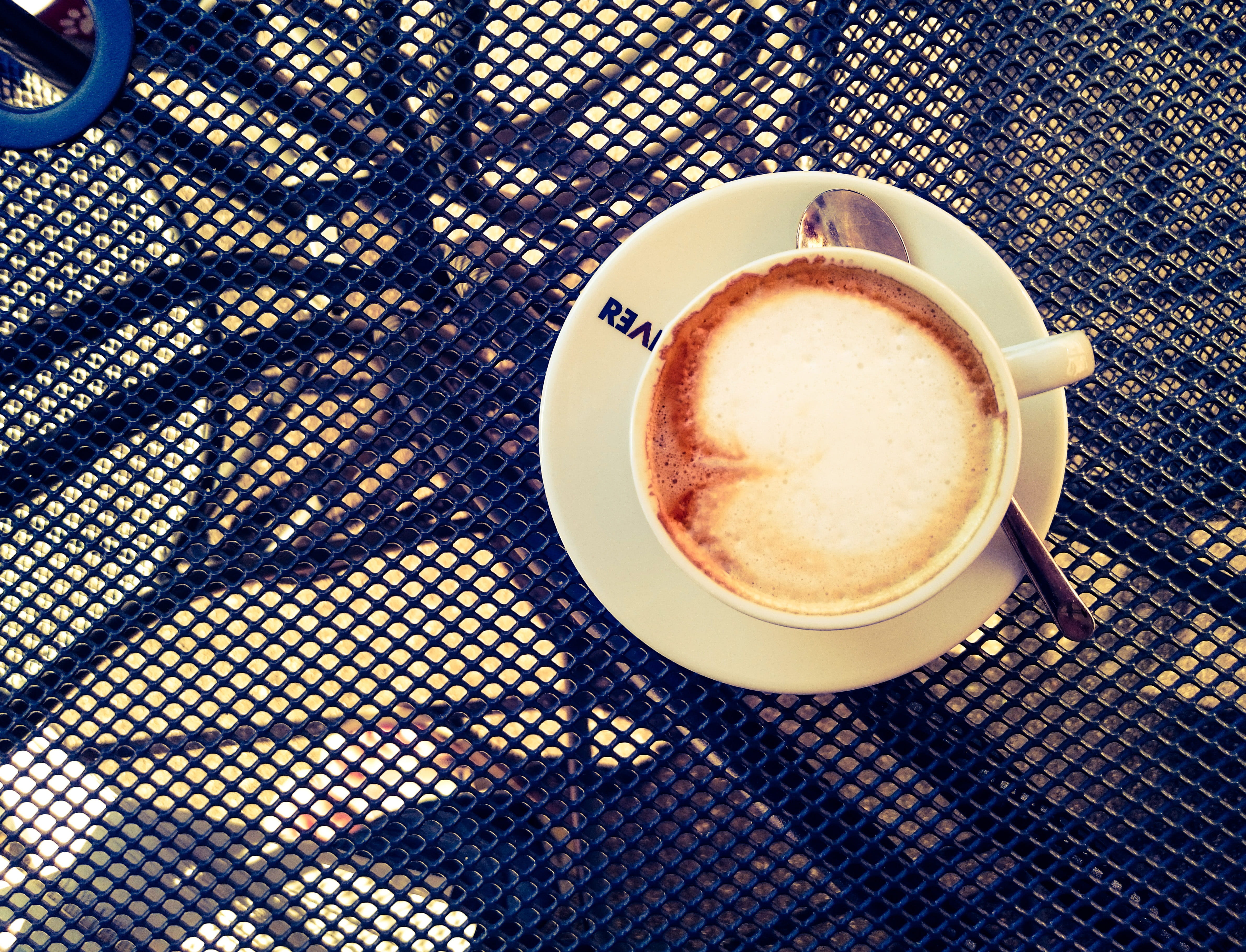 freshness, drink, directly above, mug, saucer, day, coffee cup, frothy drink, high angle view, no people, coffee - drink, table, cup, coffee, bar, indoors, HD Wallpaper