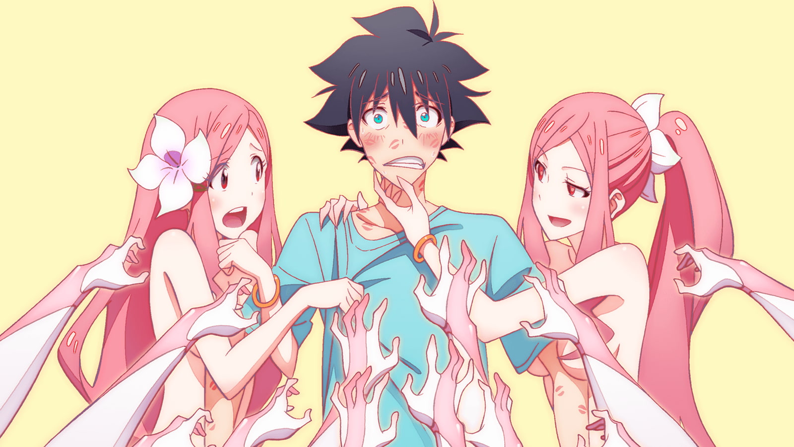 hands, ME! ME! ME!, TeddyLoid, 720P, anime girls, yellow background, long hair, black hair, pink hair, HD Wallpaper