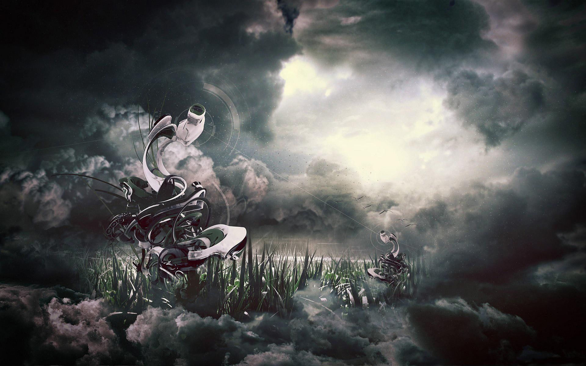 1080P, sky, shape, grass, clouds, imagination, abstract, swirl, illusion, HD Wallpaper