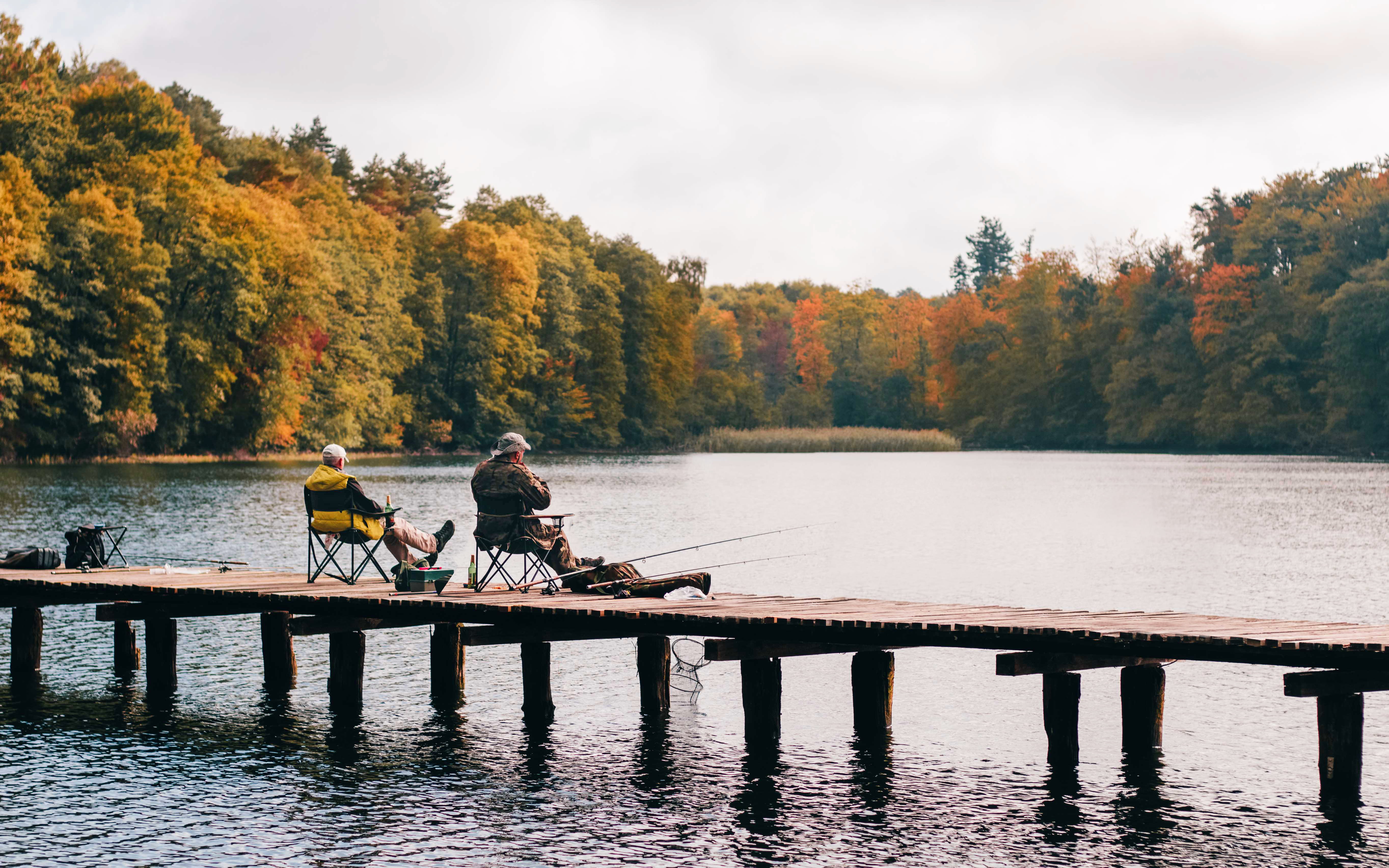 autumn, pier, outdoors, day, relaxation, jetty, tranquility, tree, scenic, bridge, recreation, forest, waterfront, woods, plant, trees, dock, two, two people, HD Wallpaper