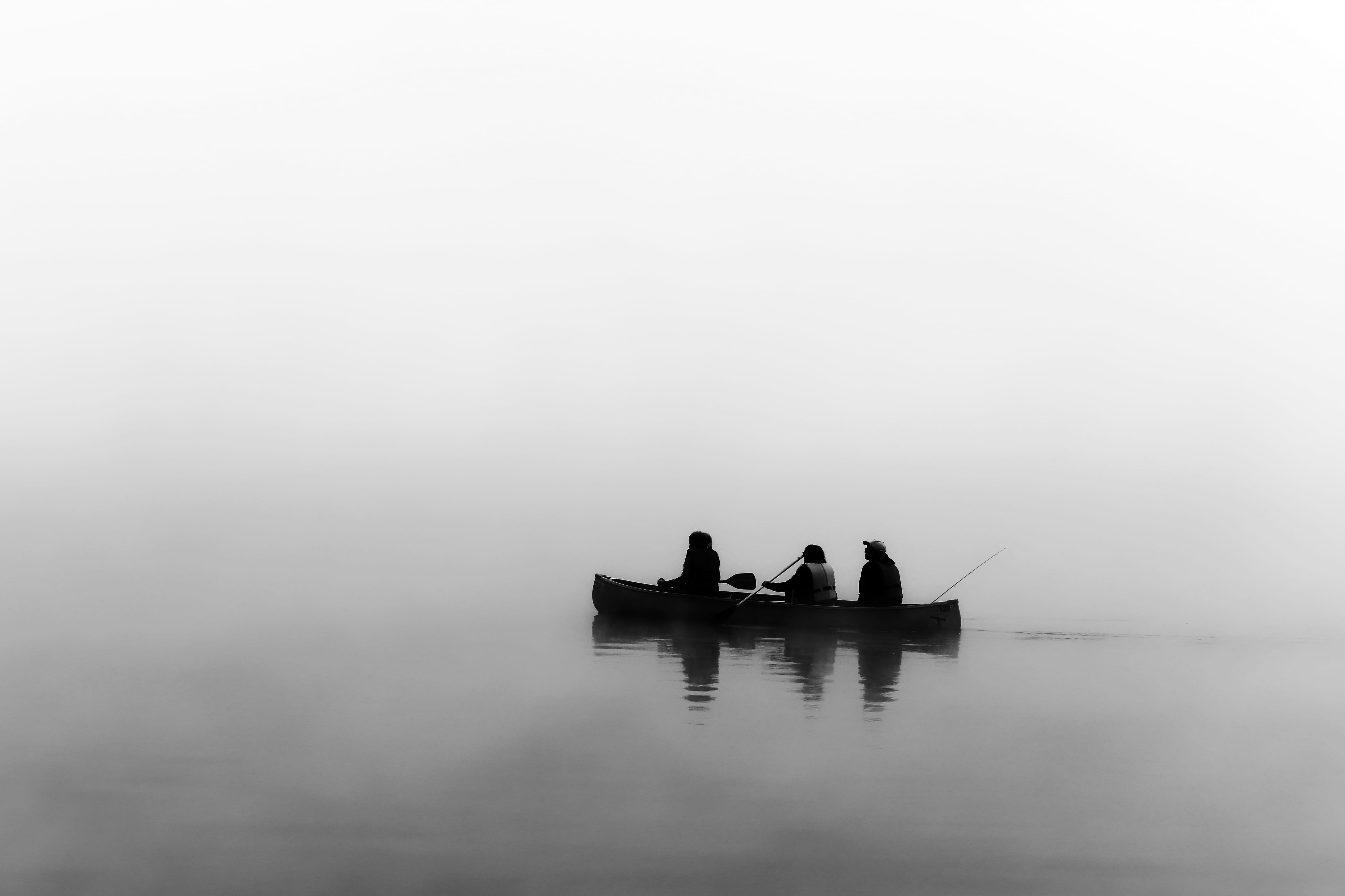 waters, water, sky, sea, fishing, placid, mode of transportation, fog, human, nature, canoe, mist, men, silhouette, lake, blackandwhite, fisherman, real people, HD Wallpaper