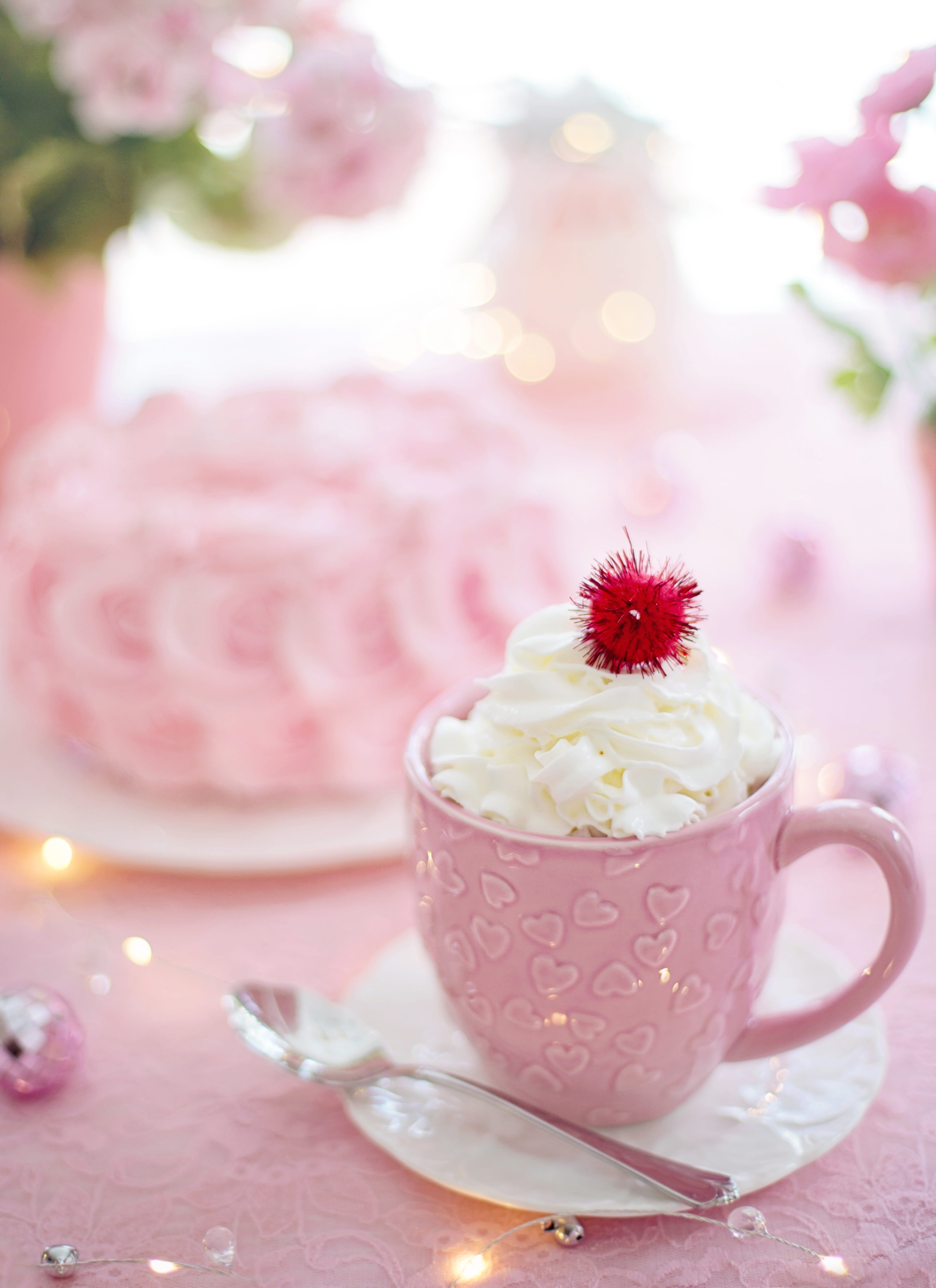 celebration, cake, sweet food, cocoa, romantic, nature, pink, flowering plant, floral pattern, 4K, lens flare, valentine, still life, plant, indoors, sweet, Phone HD Wallpaper