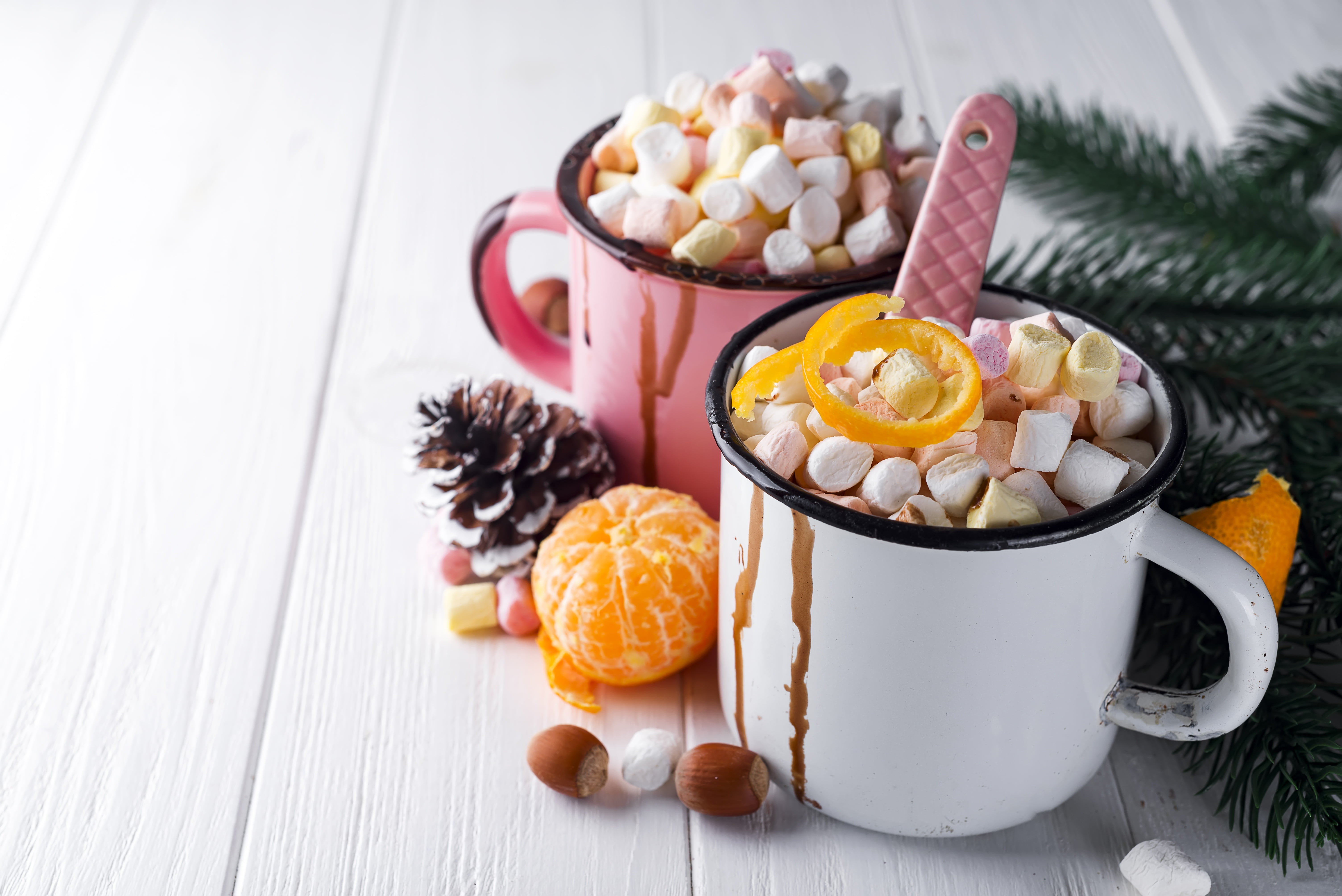 5K, marshmallows, cocoa, mug, marshmallow, Merry, cup, New Year, fir-tree branches, hot chocolate, decoration, xmas, fir tree, Christmas, HD Wallpaper