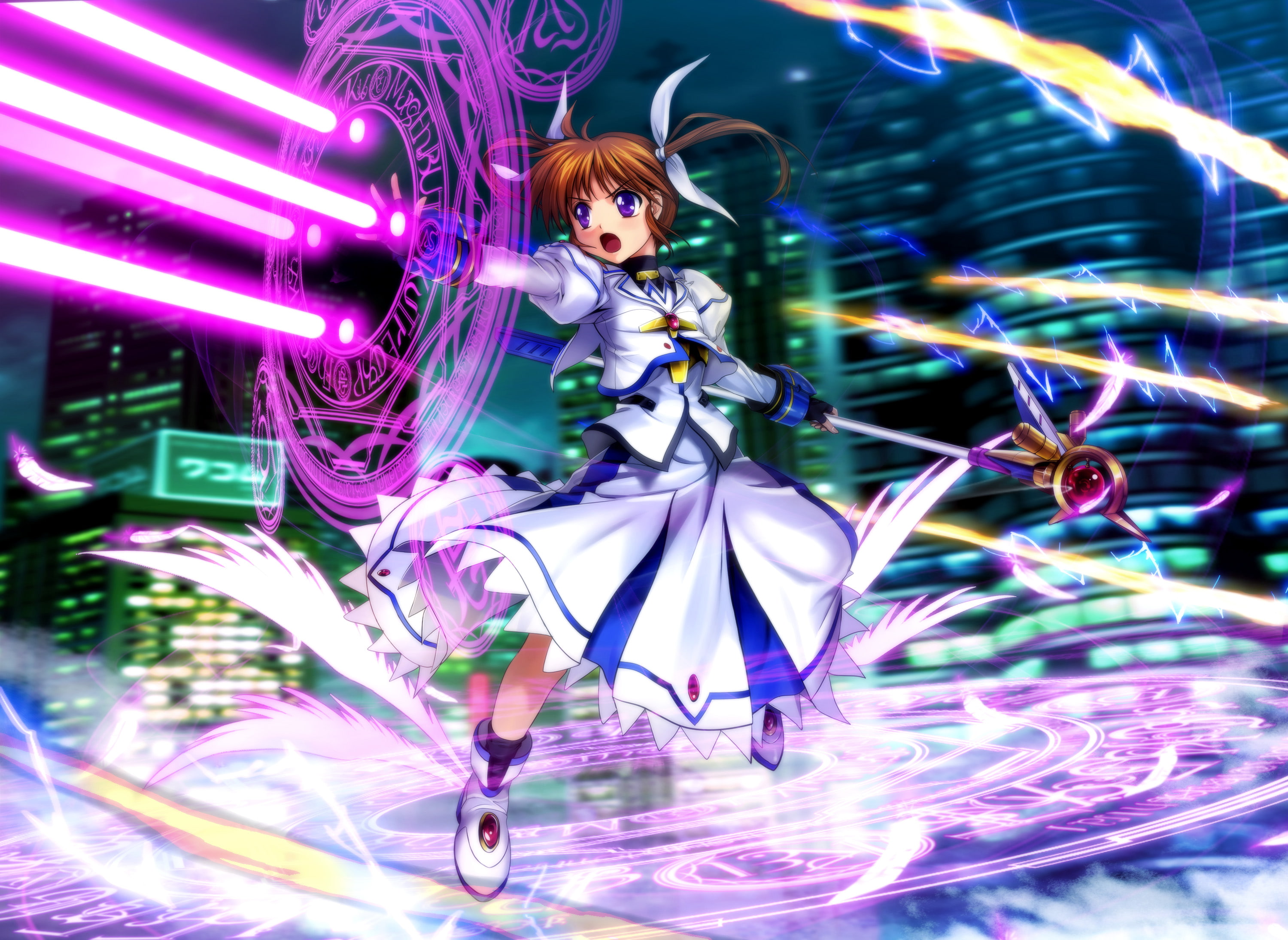 twintails, moonknives, mahou, staff, brown, feathers, weapon, gloves, magic, takamachi, eyes, short, dress, purple, socks, shoujo, hair, 2K, lyrical, nanoha, HD Wallpaper