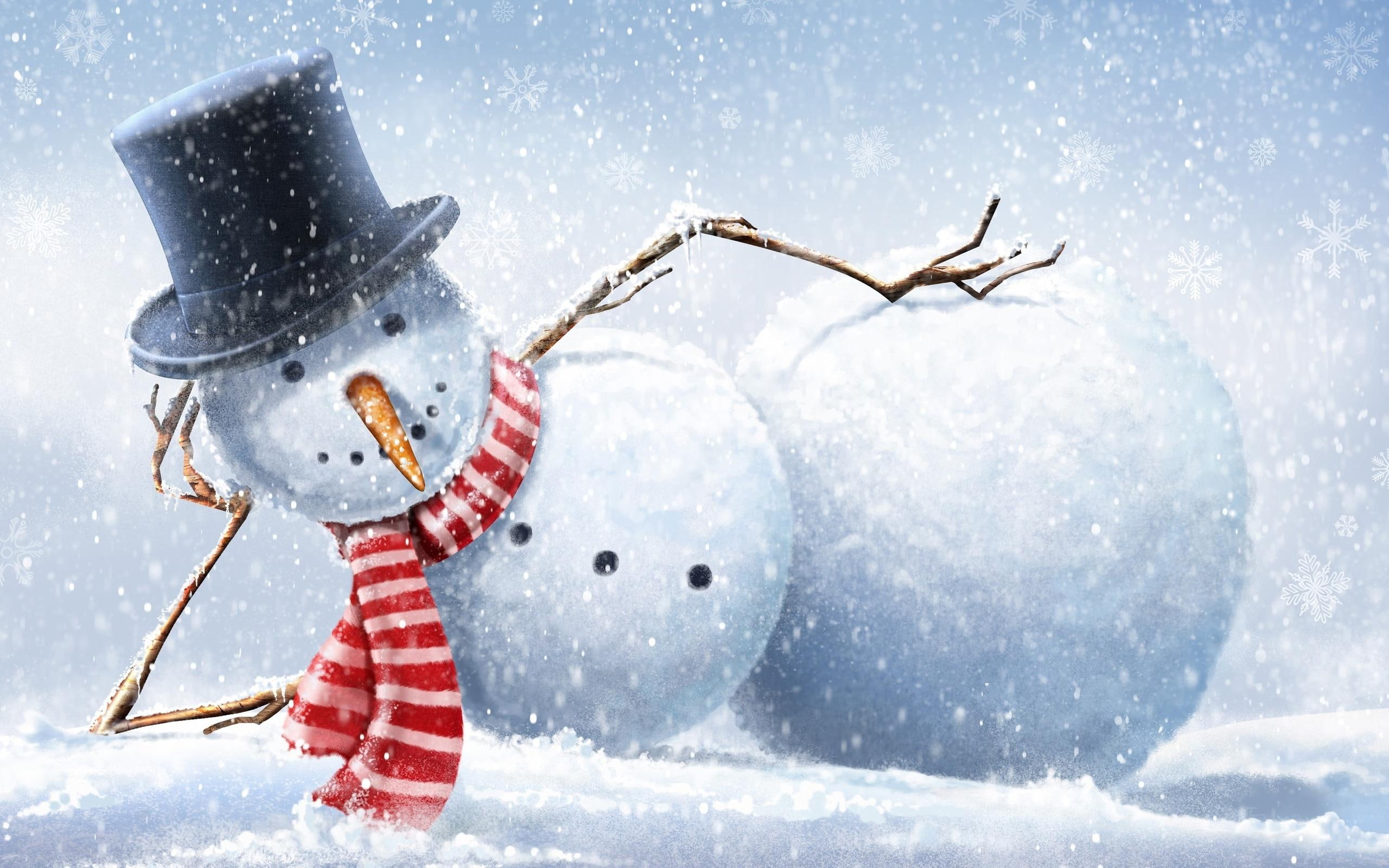 winter, lazy, snowman, snow, scarf, 3d and abstract, 2K, HD Wallpaper