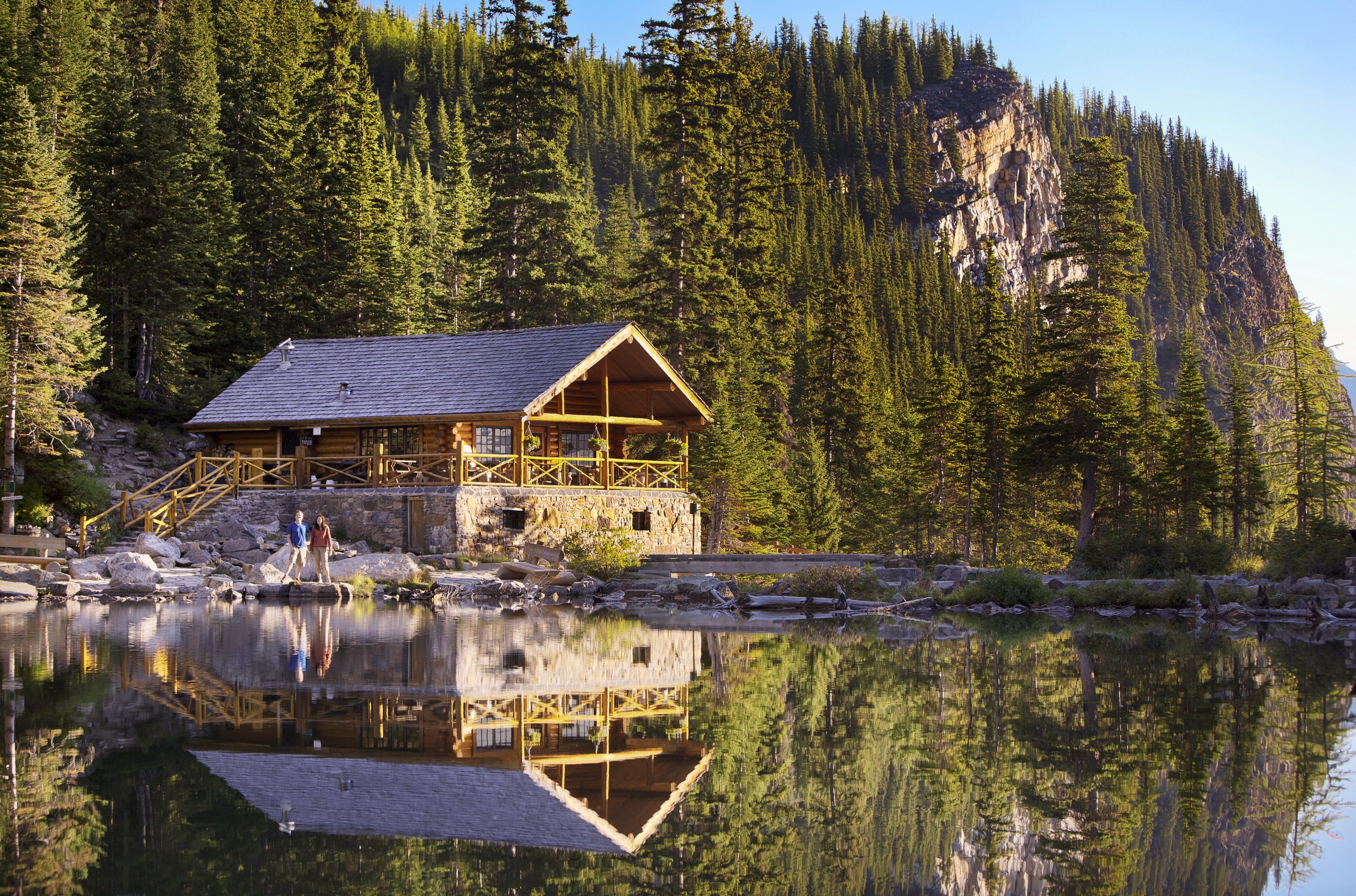 brown, water, plant, Banff National Park, stones, beauty in nature, house, concrete, tree, forest, shore, outdoors, nature, mountains, rocks, reflection, HD Wallpaper