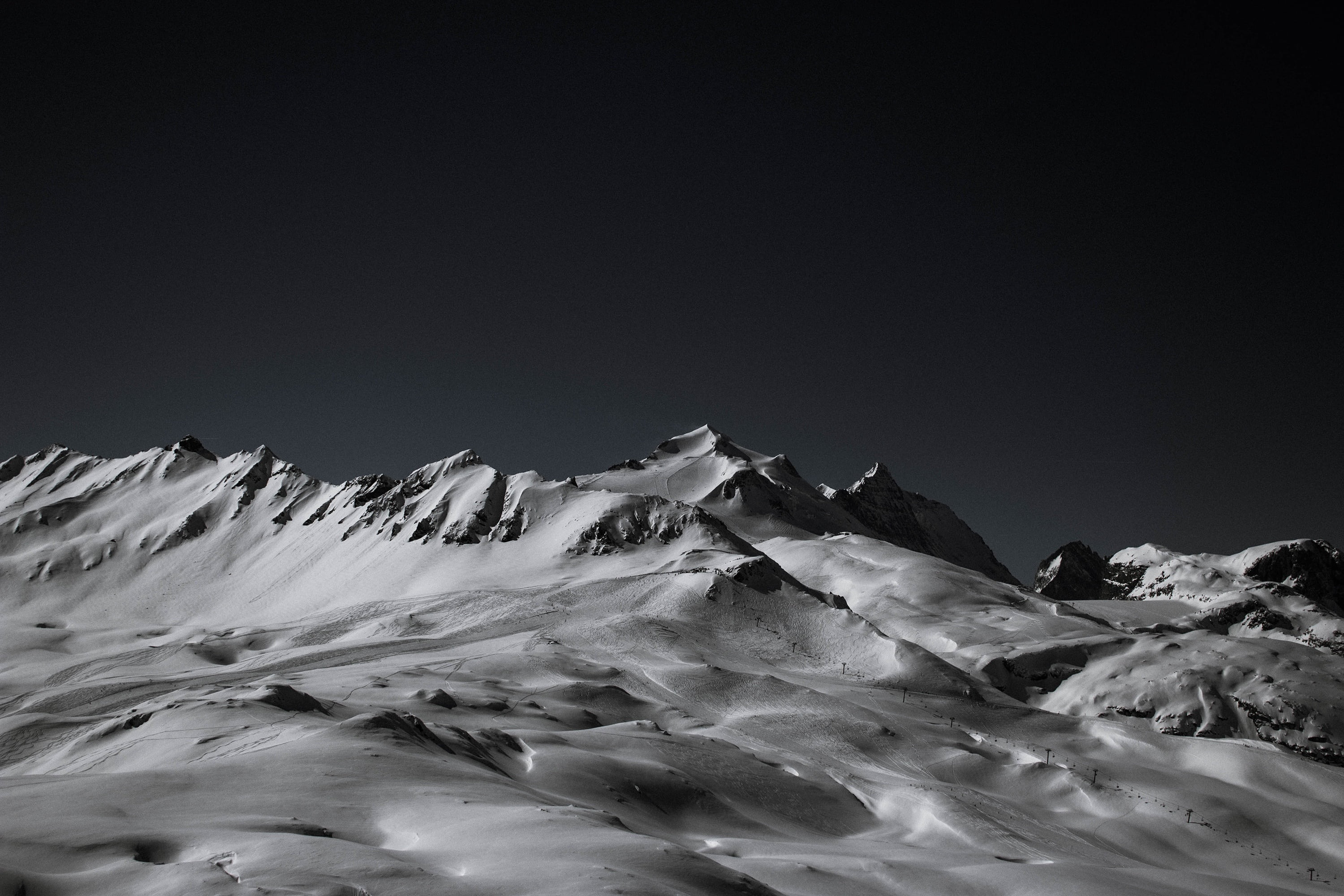 copy space, scenery, 2K, land, nature, black and white, cold, clear sky, french alps, gray, beauty in nature, outdoors, cold temperature, snow mountain, HD Wallpaper