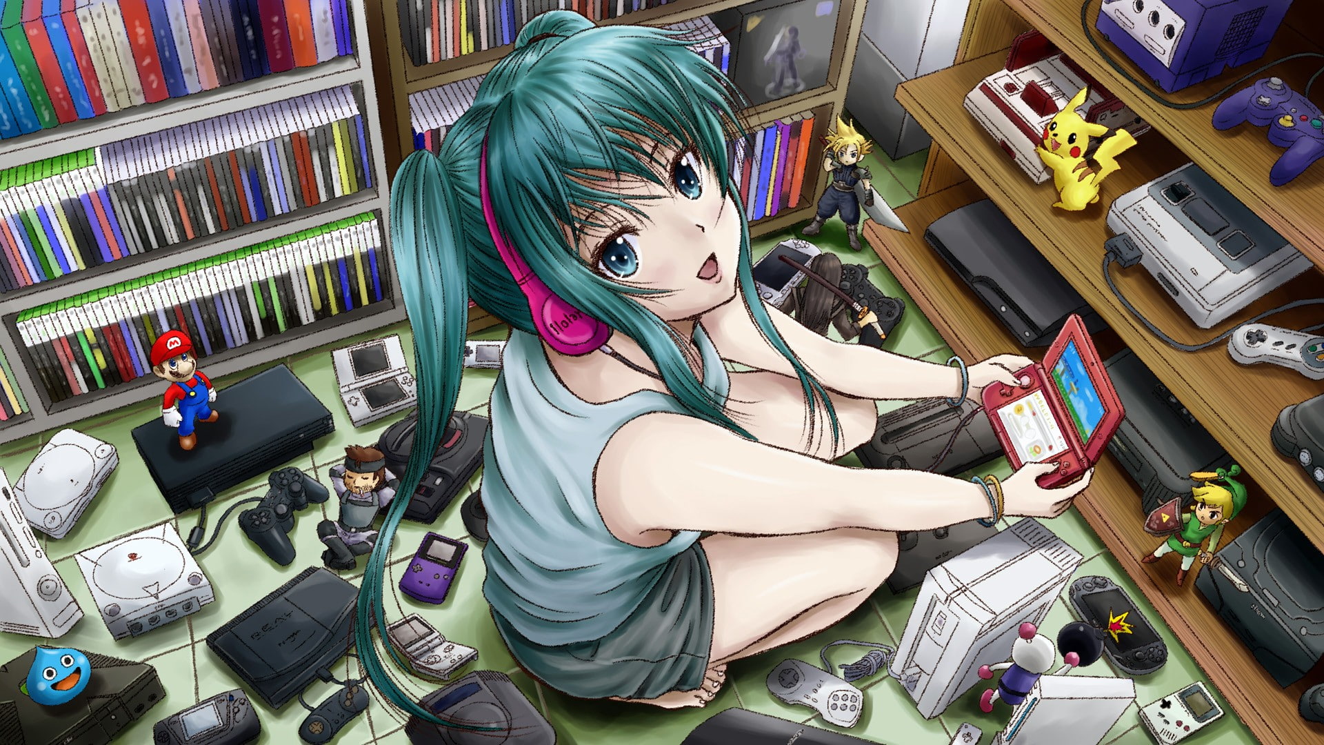 Anime, Mario, Bracelet, Game Boy, Crossover, Dreamcast, Headphones, Green Eyes, Vocaloid, Green Hair, Hatsune Miku, Long Hair, Famicom, Floor, 1080P, HD Wallpaper
