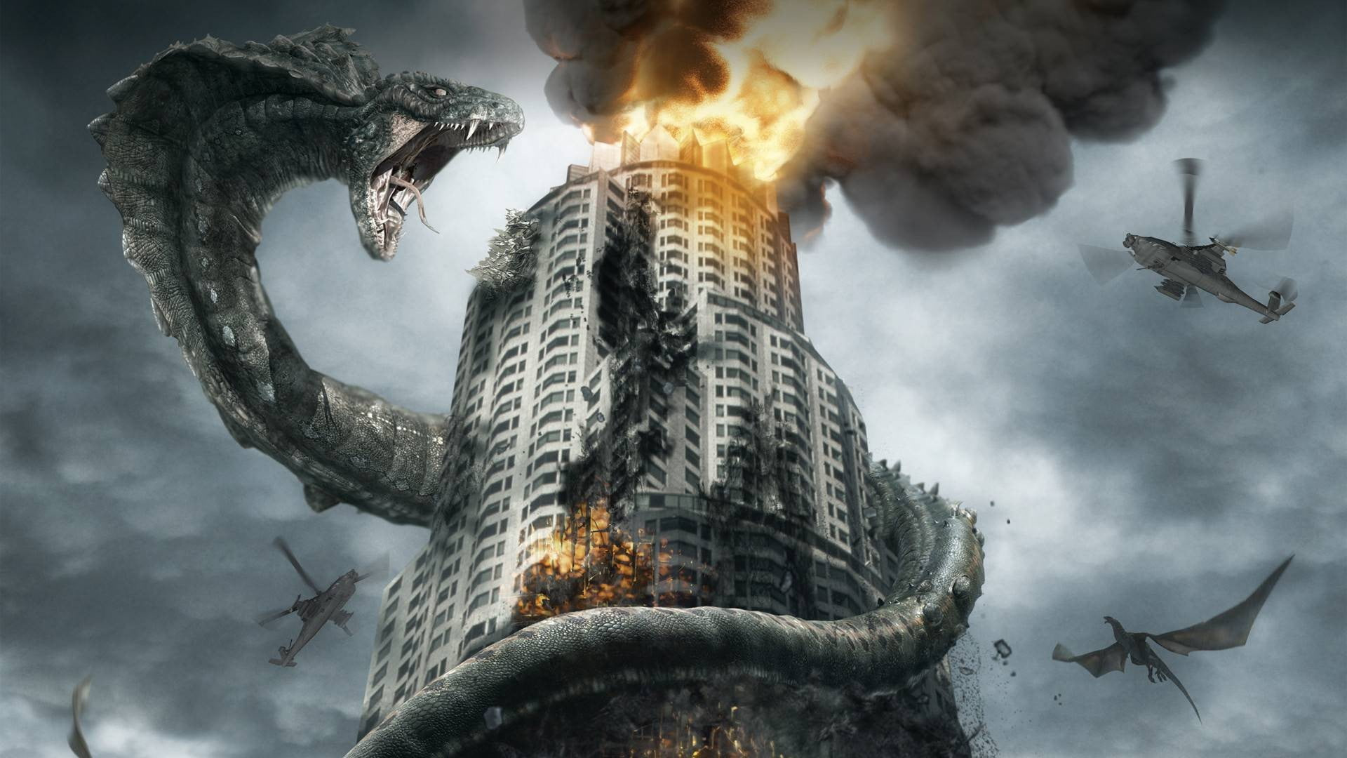 day, no people, aggression, building, fire, illustration, smoke - physical structure, nature, animal themes, burning, monsters, flame, digital composite, HD Wallpaper