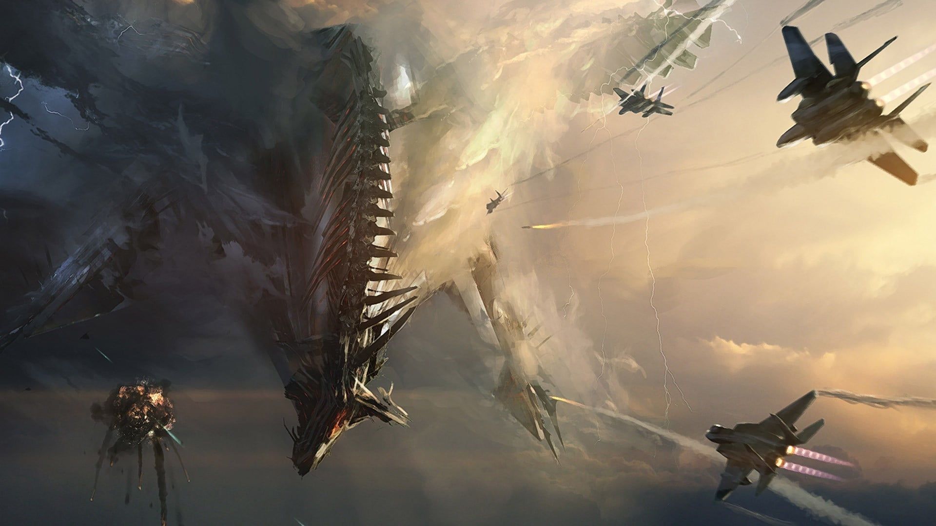 fighter plane, nature, outdoors, low angle view, mode of transportation, dragon, smoke - physical structure, sky, airshow, artwork, transportation, fantasy art, HD Wallpaper