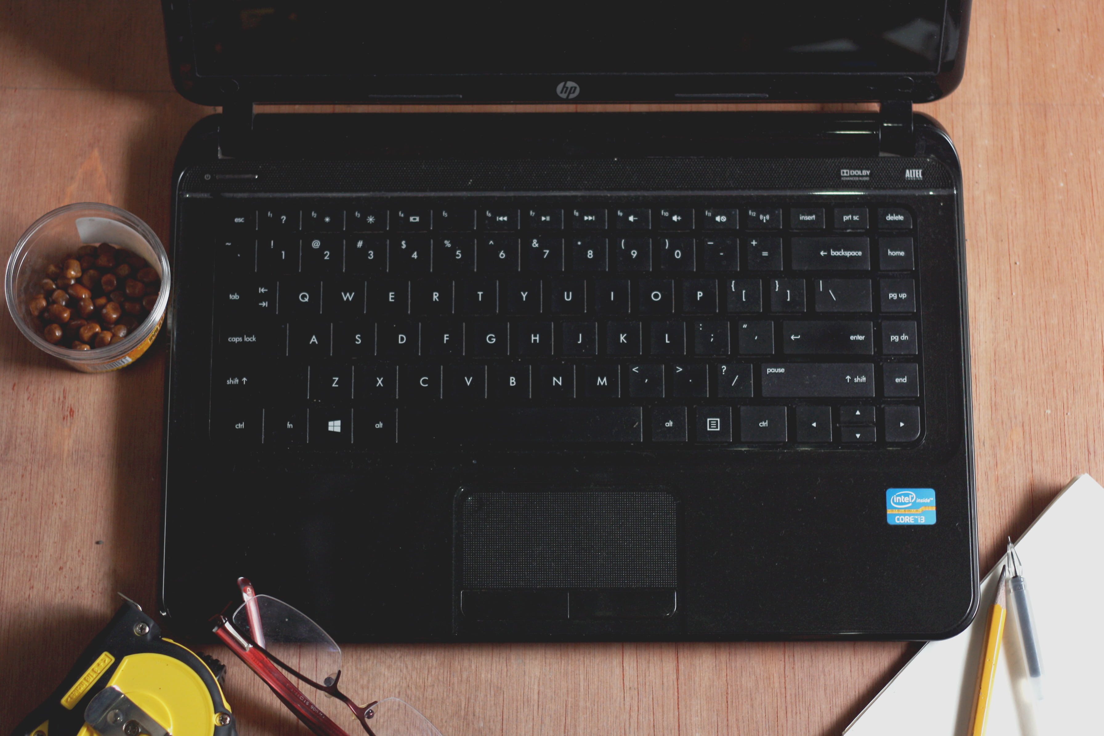 reading, business, hp, glasses, workspace, computer equipment, electrical equipment, high angle view, work, communication, music, wood - material, black, HD Wallpaper