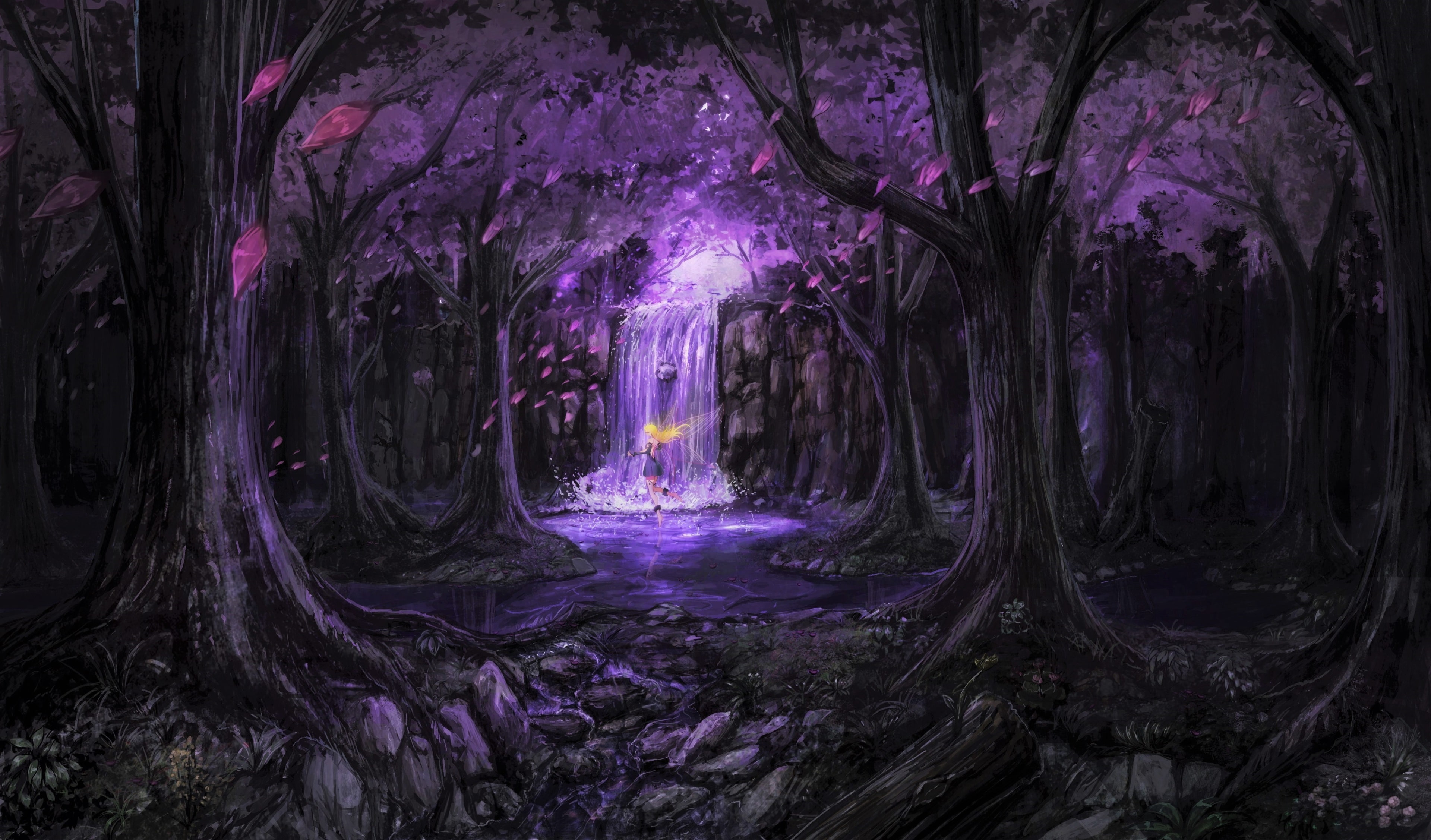 direction, growth, scenics - nature, land, purple, beauty in nature, woodland, outdoors, forest, tree trunk, night, forest 4k best pic ever, trunk, tranquility, HD Wallpaper