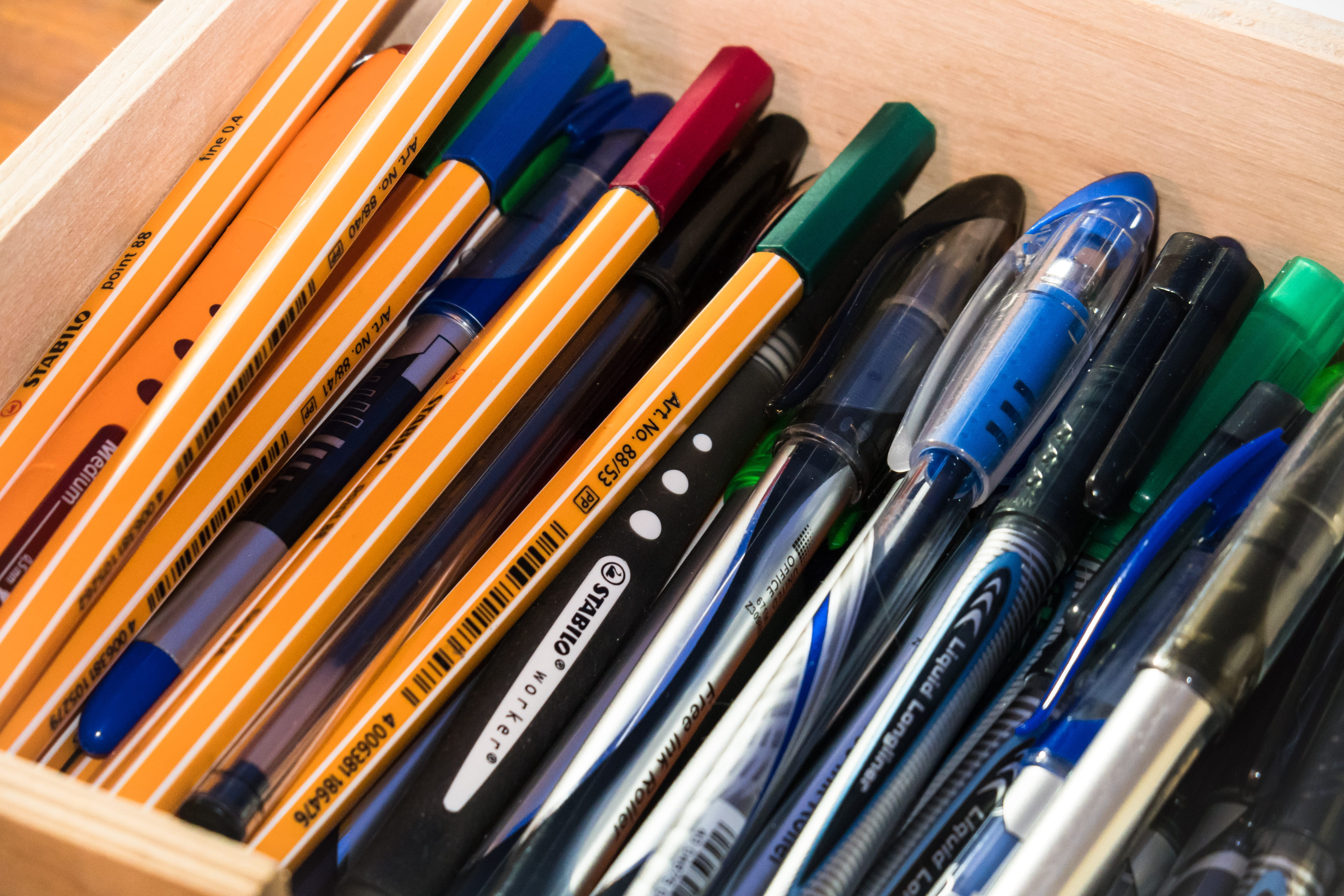 write, pen, art and craft equipment, education, indoors, group of objects, wood - material, high angle view, still life, 5K, paint, workplace, multi colored, HD Wallpaper